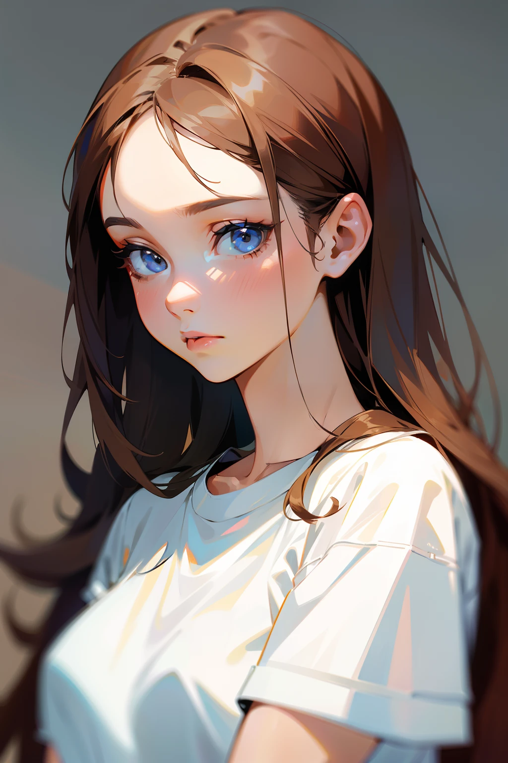 Beautuful Women,Tremendously beautiful,mature,Intellectual,White T-shirt,Uninhibited,brunette color hair,long whitr hair,A high resolution,Need,Photorealsitic,Realist,Real