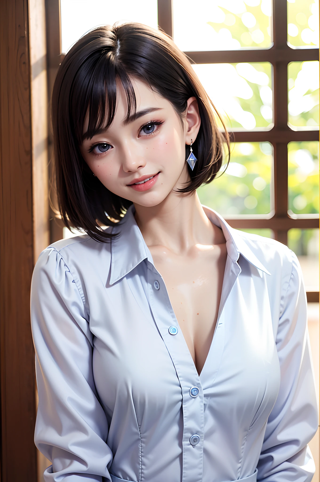 (high-level image quality、high-detail、hightquality、hight resolution、Draw everything accurately in high resolution)、Very intense crystal light blue eyes、Very pale blue eyes、Smaller diamond-shaped earrings、Look firmly at the camera、Put your ears out、Beautiful short black hair、Beautiful very short beautiful hair with bangs、Show off all the beautiful décolletés、Beautiful 28 years old、lipgloss、long neck、happily laughing、Smiling very happily、Beautiful teeth alignment、Beautiful teeth、Beautie、Pretty Woman、Business shirt with a snow-white collar with open chest、Wide Open Color、illuminate the back with very strong light from the windowsill,,,、Very immaculate background、Really snow-white background、Slightly bigger eyes、Brings intense light to the eyes、rather broad shoulders、tall supermodel、Long-legged supermodel、Female sexy、Turn your face slightly to the side、Very mature and beautiful woman、Very small face