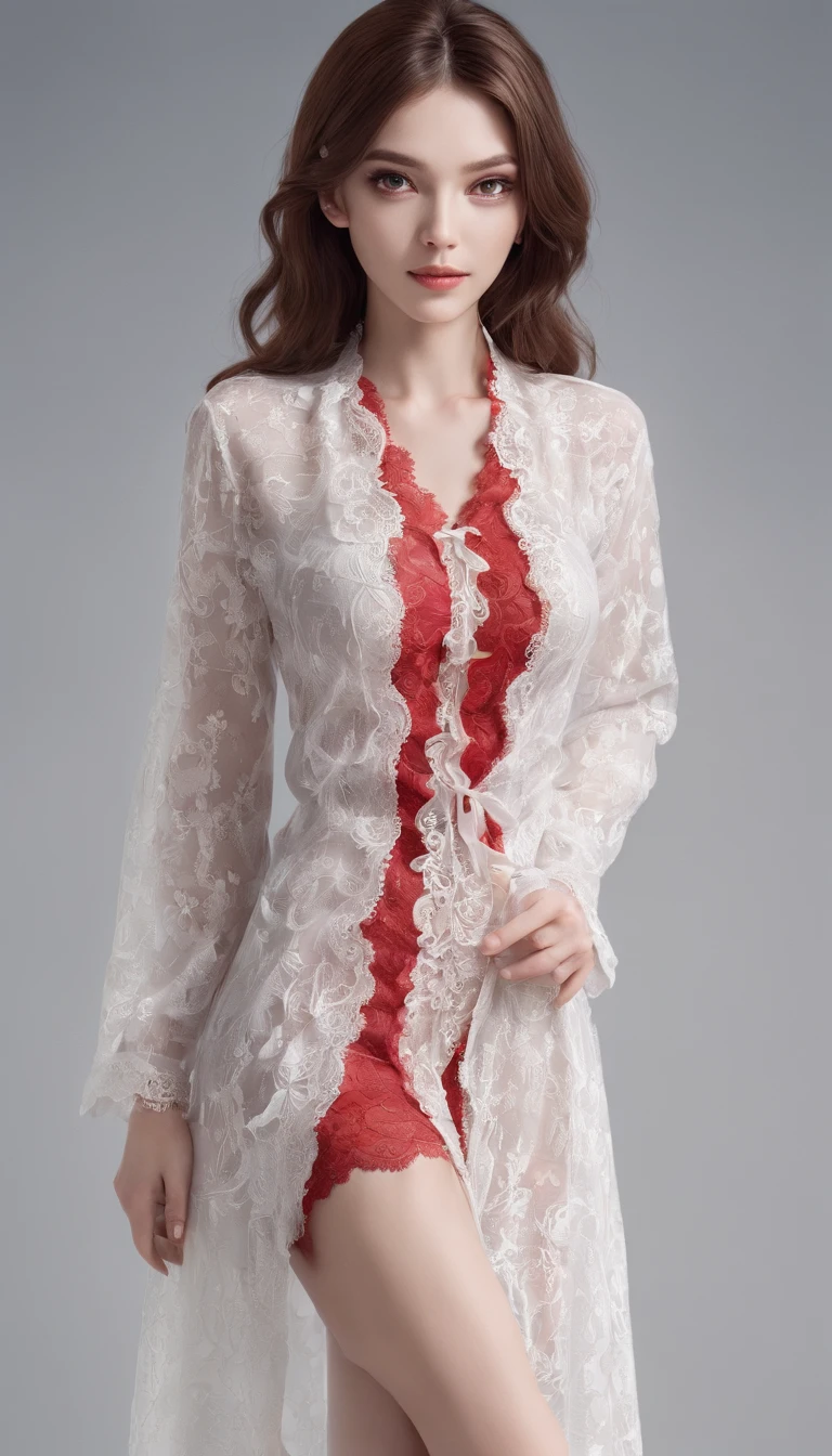masterpiece, (front focus), surreal female portrait, realism, dynamic lighting, art station, poster, volumetric lighting, highly detailed face, dark and smooth eyes, shiny pupils, 4K, award-winning, 1 girl, soft, full body shot, (formal outfit: 1.4,sexy red lace pajamas), standing in bedroom, bright lights, hair dark brown, tall, long legs, white skin, smiling