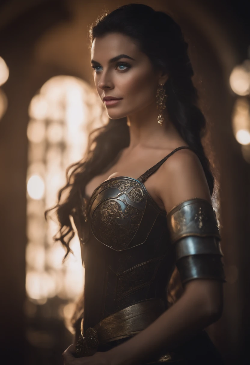 1girll, Armor, black_Hair, Blurry, Blurry_Background, Blurry_foreground, Breasts, Blue_Eyes, Closed_Mouth, Depth_af_Field, Earrings, jewelry, Long_Hair, Looking_at_peeping at the viewer, Smile, Solo, The upper part of the body_Body