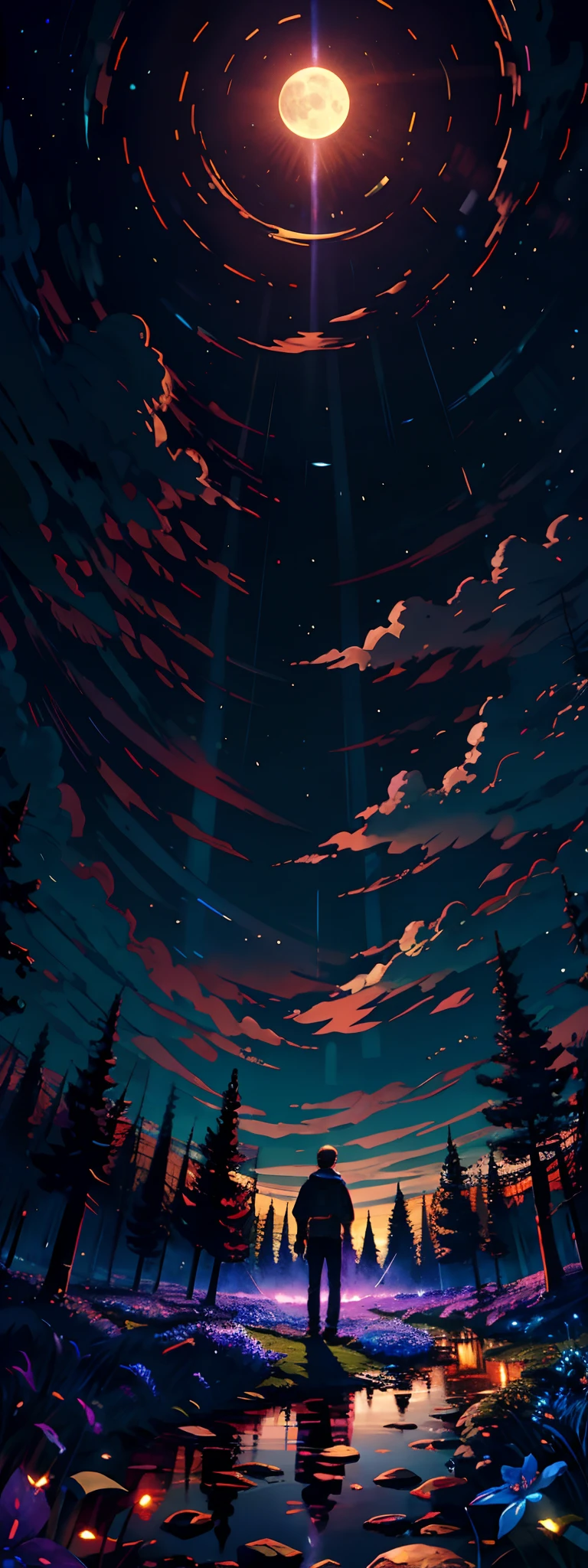 Expansive landscape photograph，（look from down，Above is the sky，Below is an open forest，Tall trees），A boy standing in the forest looking up，（moon full：1.2），（meteors：0.9），（Starcloud：1.3），clusters of stars：1），Far Mountain, Tree BREAK making art，（Blu-ray source：1.2），（glowworm：1.2），Big wind，High winds blow off leaves，Lots of blue and green，Complicated details，Volumetric lighting BREAK（tmasterpiece：1.2），（best qualtiy），4k，ultra - detailed，（dynamic compositions：1.4），detail-rich，plethora of colors，（Irridescent color：1.2），（with light glowing，Atmospheric lighting），dream magical，magical，（独奏：1.2）