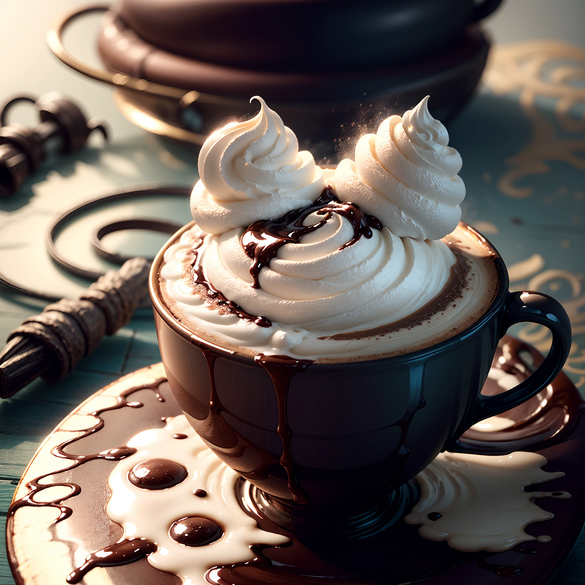 a cup of latte coffee,chocolate and cream on the top,lotus flower-shaped top,beautiful detailed cream and chocolate,delicious smell,light brown color of the coffee,white cream swirls,artistic latte art,perfectly frothed milk,smooth and velvety texture,(realistic,photorealistic:1.37),high-quality photo,specialty coffee,