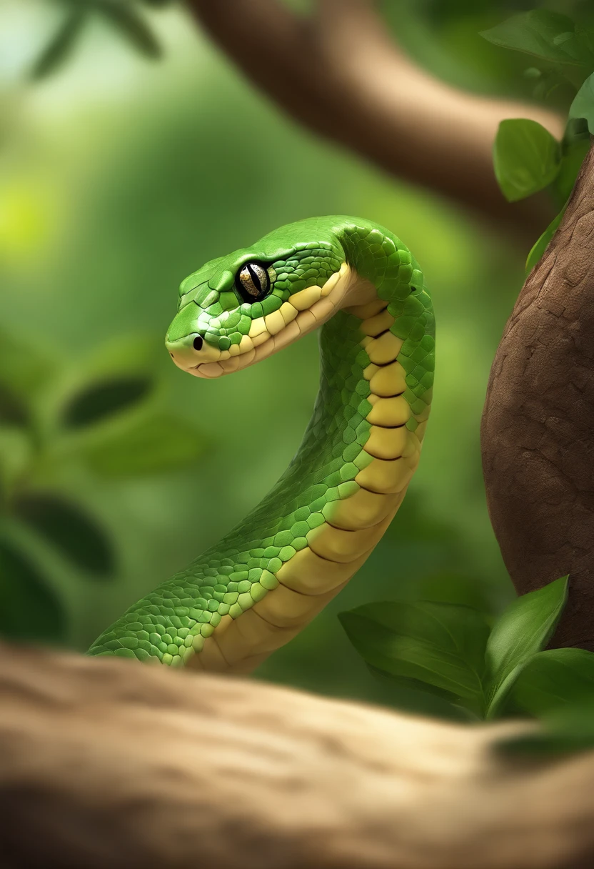 (best quality,highres,masterpiece:1.2),ultra-detailed,(realistic,photo-realistic:1.37),snake,bright green coloring,cute,adorable eyes,expressive face,friendly smile,whimsical cartoony style,anthropomorphic character,curved body,playful tongue,scales with intricate patterns and textures,characteristic snake tongue flicking,curious and mischievous expression,coiled pose on a tree branch,lush and vibrant jungle background,sunlight filtering through the leaves of the trees,soft and warm lighting,faint dappled shadows on the snake's body,colorful flowers and foliage surrounding the snake,butterflies fluttering around,creating a sense of magic and wonder