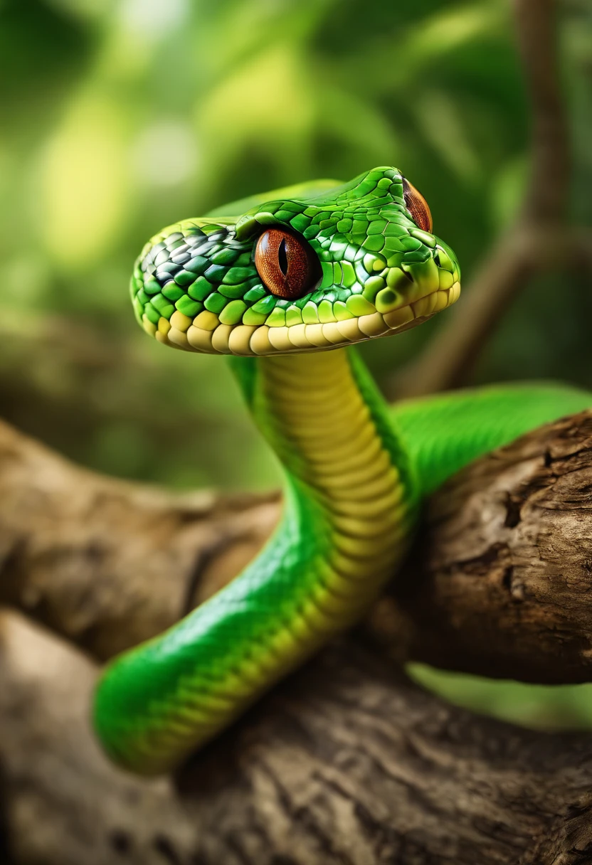 (best quality,highres,masterpiece:1.2),ultra-detailed,(realistic,photo-realistic:1.37),snake,bright green coloring,cute,adorable eyes,expressive face,friendly smile,whimsical cartoony style,anthropomorphic character,curved body,playful tongue,scales with intricate patterns and textures,characteristic snake tongue flicking,curious and mischievous expression,coiled pose on a tree branch,lush and vibrant jungle background,sunlight filtering through the leaves of the trees,soft and warm lighting,faint dappled shadows on the snake's body,colorful flowers and foliage surrounding the snake,butterflies fluttering around,creating a sense of magic and wonder