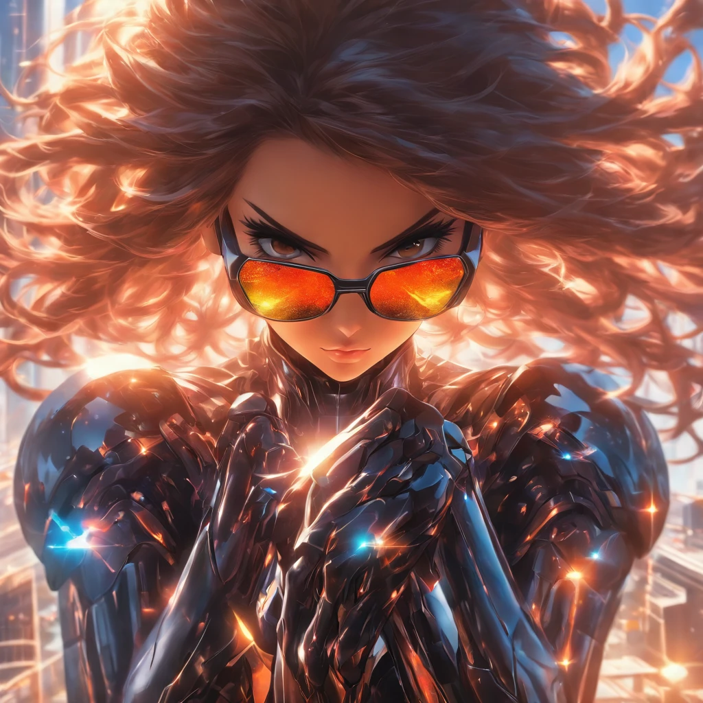 Realistic, beautiful woman with brunette hair wearing sunglasses and black reflective coating futuristic armor, daytime, full body shot, anamorphic lens flare effect