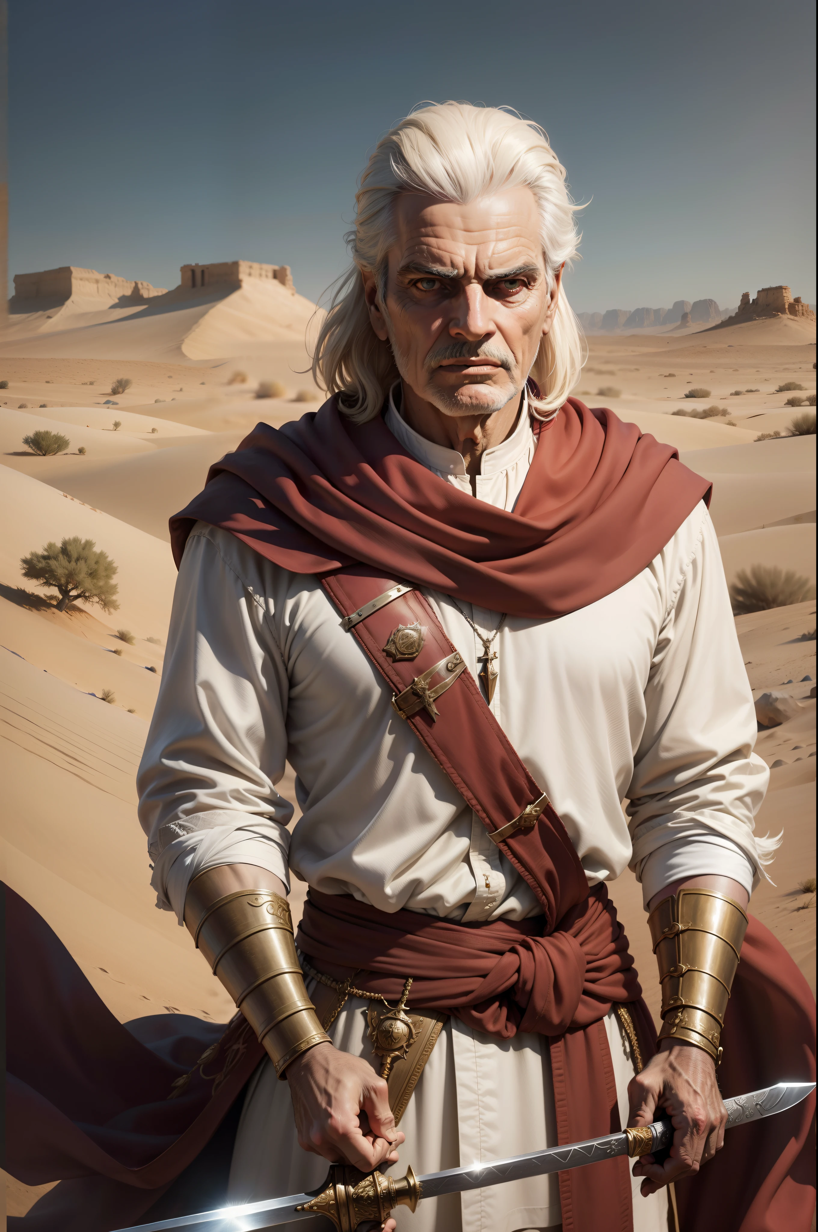 Gideon with sword in hand, 50 anos, biblical warrior, Omar Sharif, deserto, olhando para cima, Bible, Biblical character, Estilo realista