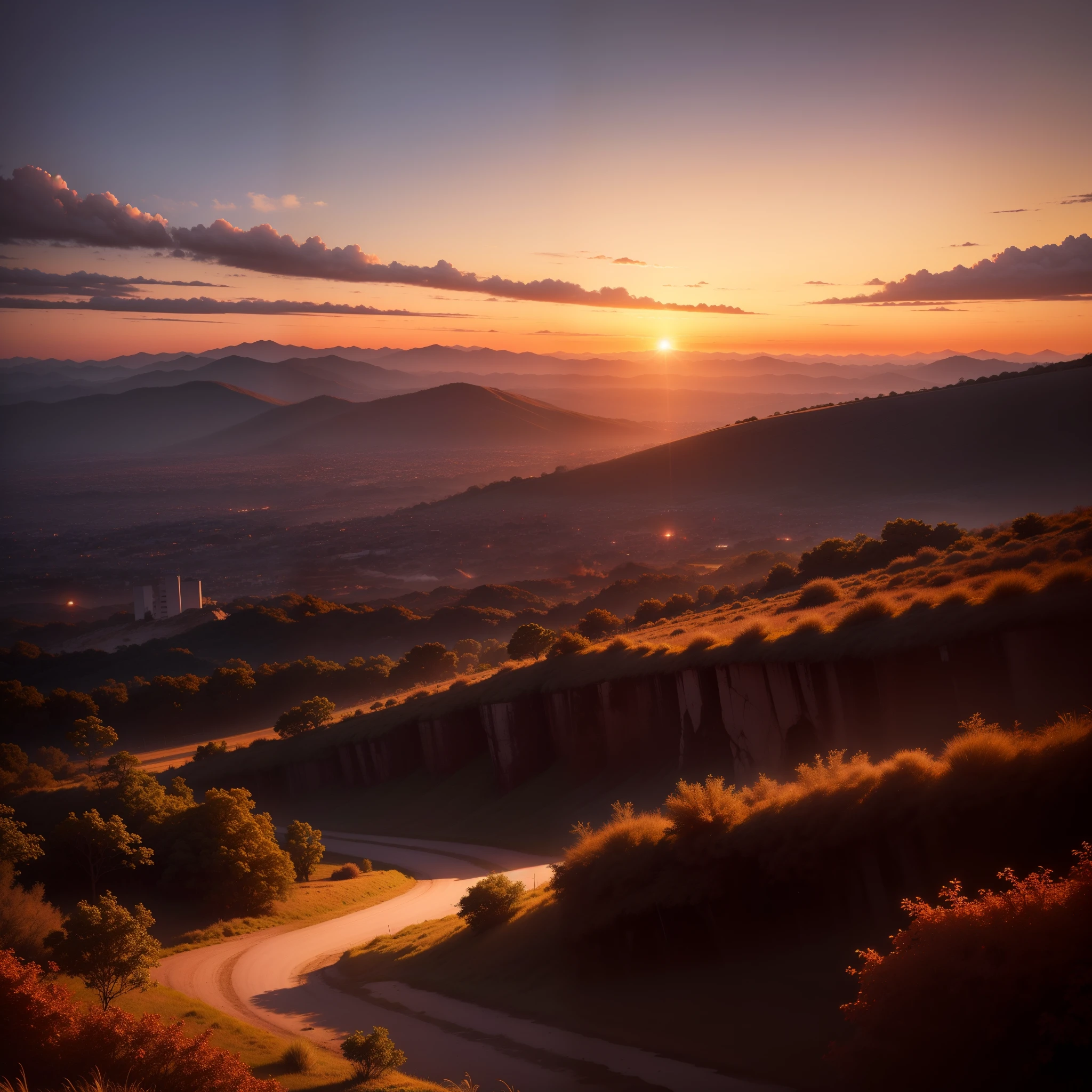 Landscape with cinematic sunset, ao fundo um tesouro lindo brilhante