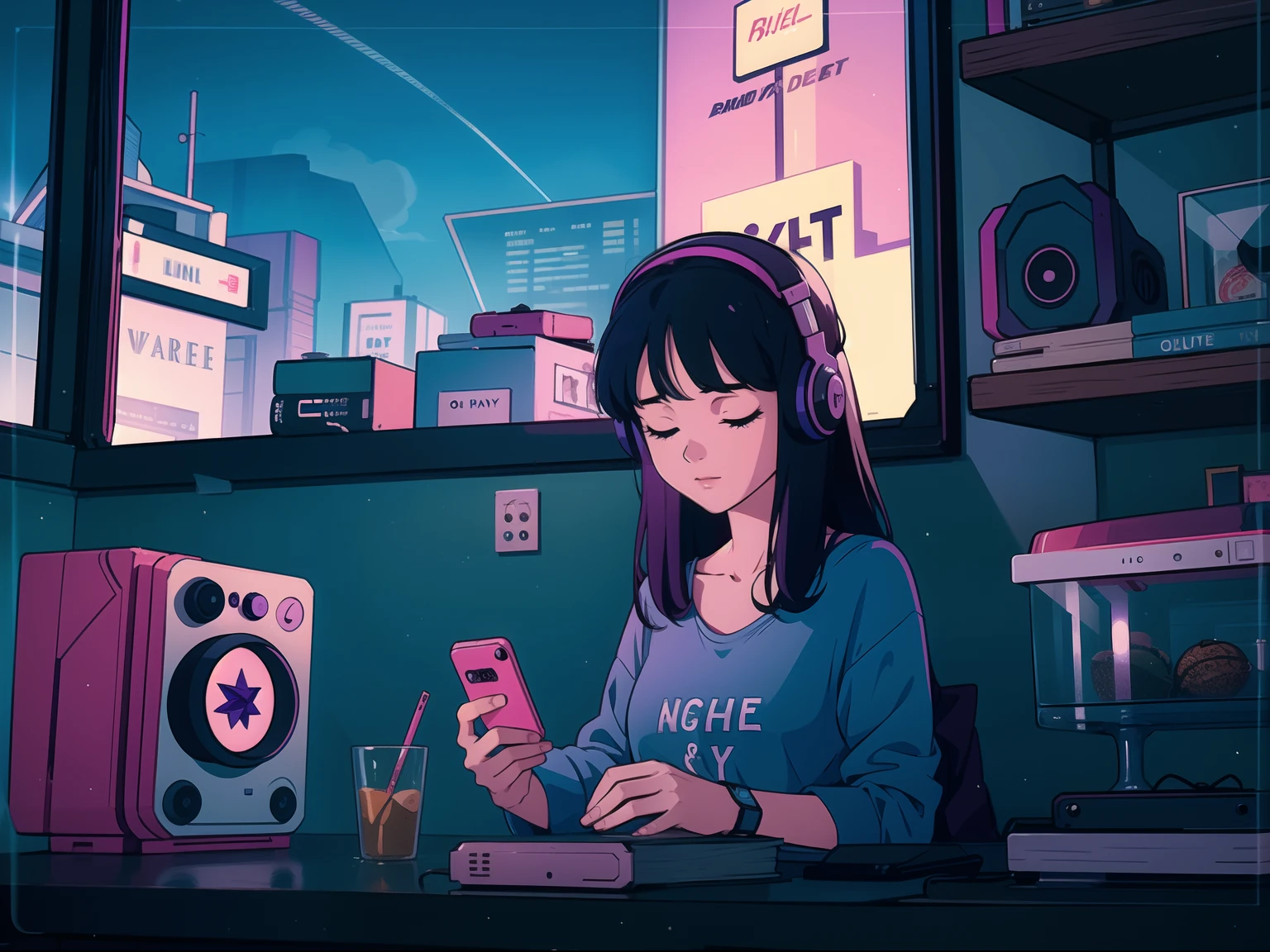 One bedroom with a girl listening to music on her phone, lofi, retro, blue and purple, during the night,