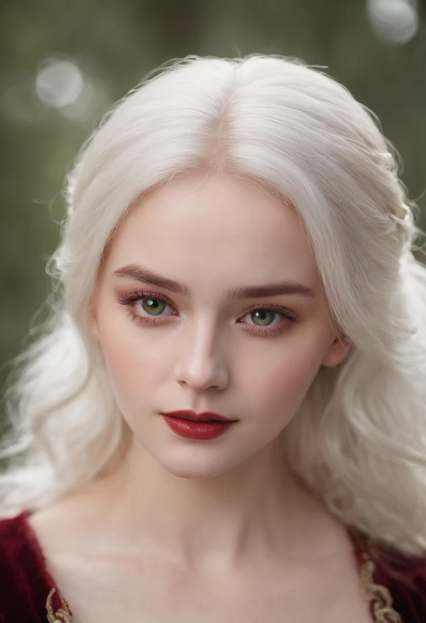 (((a deep reddish wound crosses her left cheek))) fair complexion, woman around 19 years old, natural white hair, distinctive green eyes, wearing kohl, slender and graceful, beautiful, candlelight in a medieval setting, ultra sharp focus, realistic shot, medieval female clothes, tetradic colors (scar:1.4) ageaho