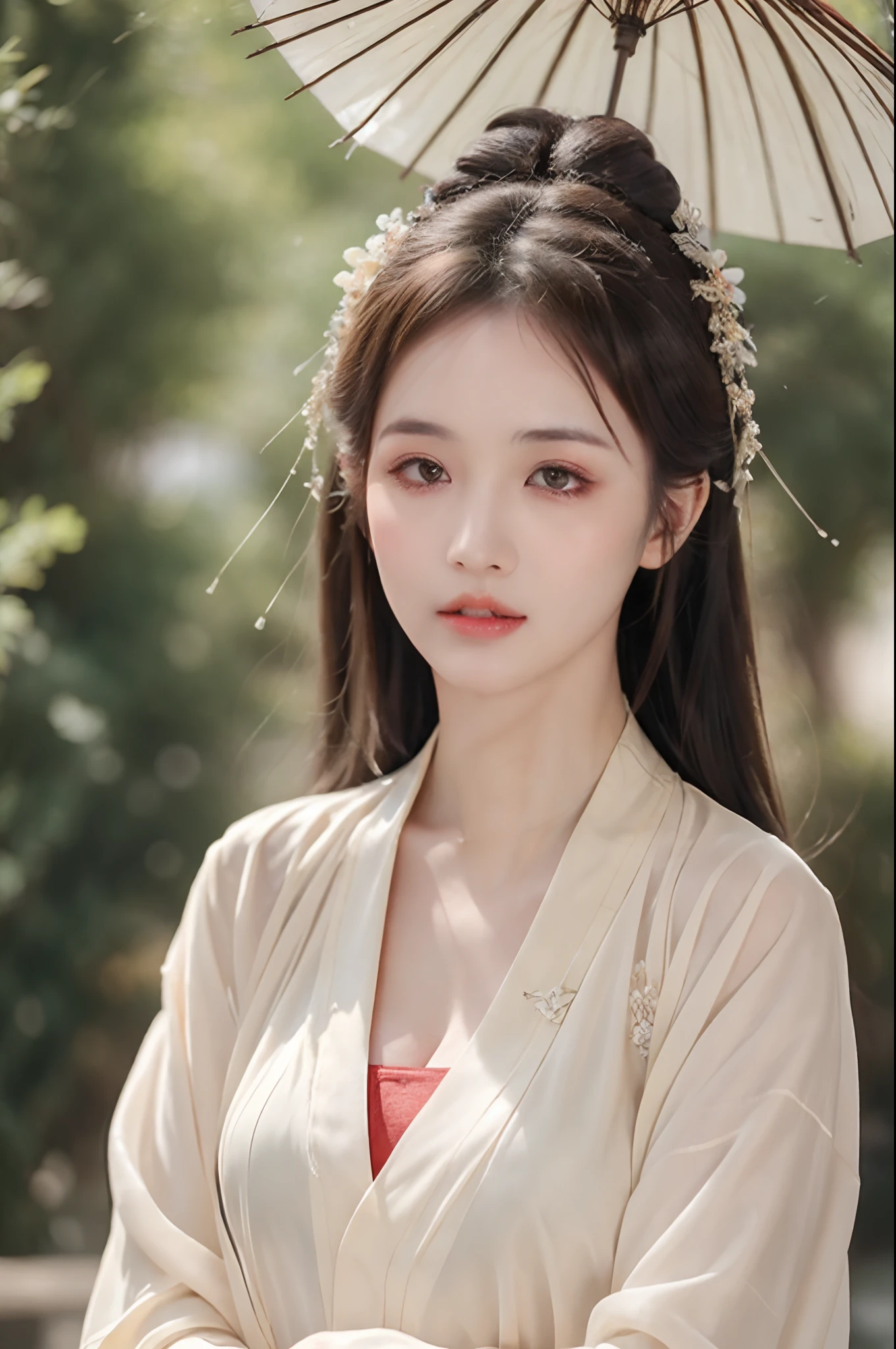 ((Best Quality, 8k, Masterpiece: 1.3)), Focus: 1.2, Perfect Body Beauty: 1.4, Buttocks: 1.2, ((Layered Haircut)), (Wet Clothes: 1.1), (Rain, Street:1.3), (Breasts: 1.2), (Hanfu: 1.2), Bare Shoulders, Bare Legs, Highly Detailed Face and Skin Texture, Fine Eyes, Double Eyelids, Whitened Skin, Long Hair, (Shut Up: 1.5), (Bokeh Background: 1.5), Big Breasts