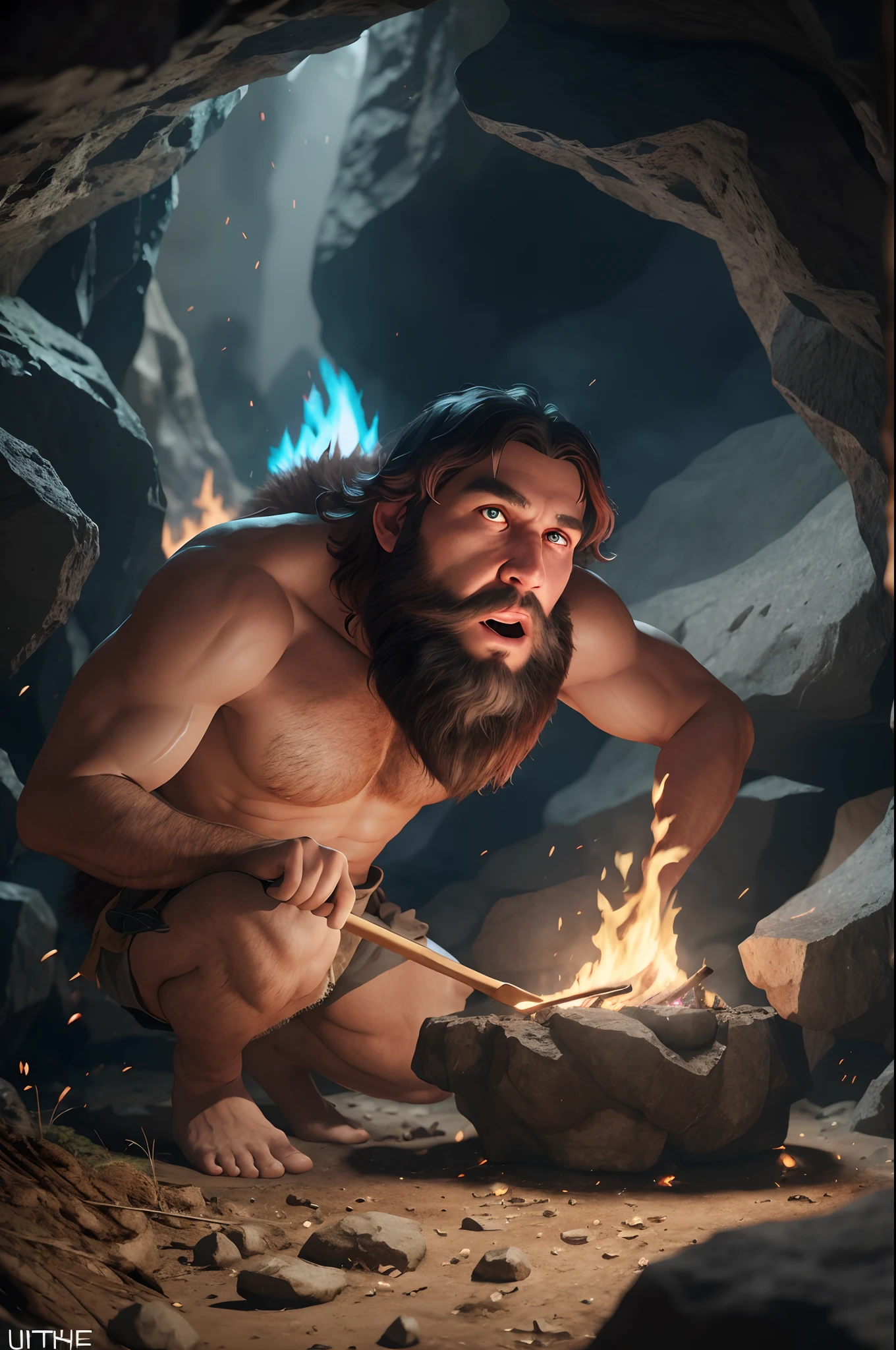 wide angle shot of early caveman civilisation, cavemen with beards, dressed in clothes designed in leaves and animal fur, cavemen in community working together, eating, cooking, starting fire, a large number of cavemen in a society with different caves in the scene, bright sunlight shining, with iridescent light, highly detailed images, vibrant beautiful colours, hyperrealistic image, 32k, ultra HD, unreal engine rendered, cinematic lighting, artgerm style, --auto --s2