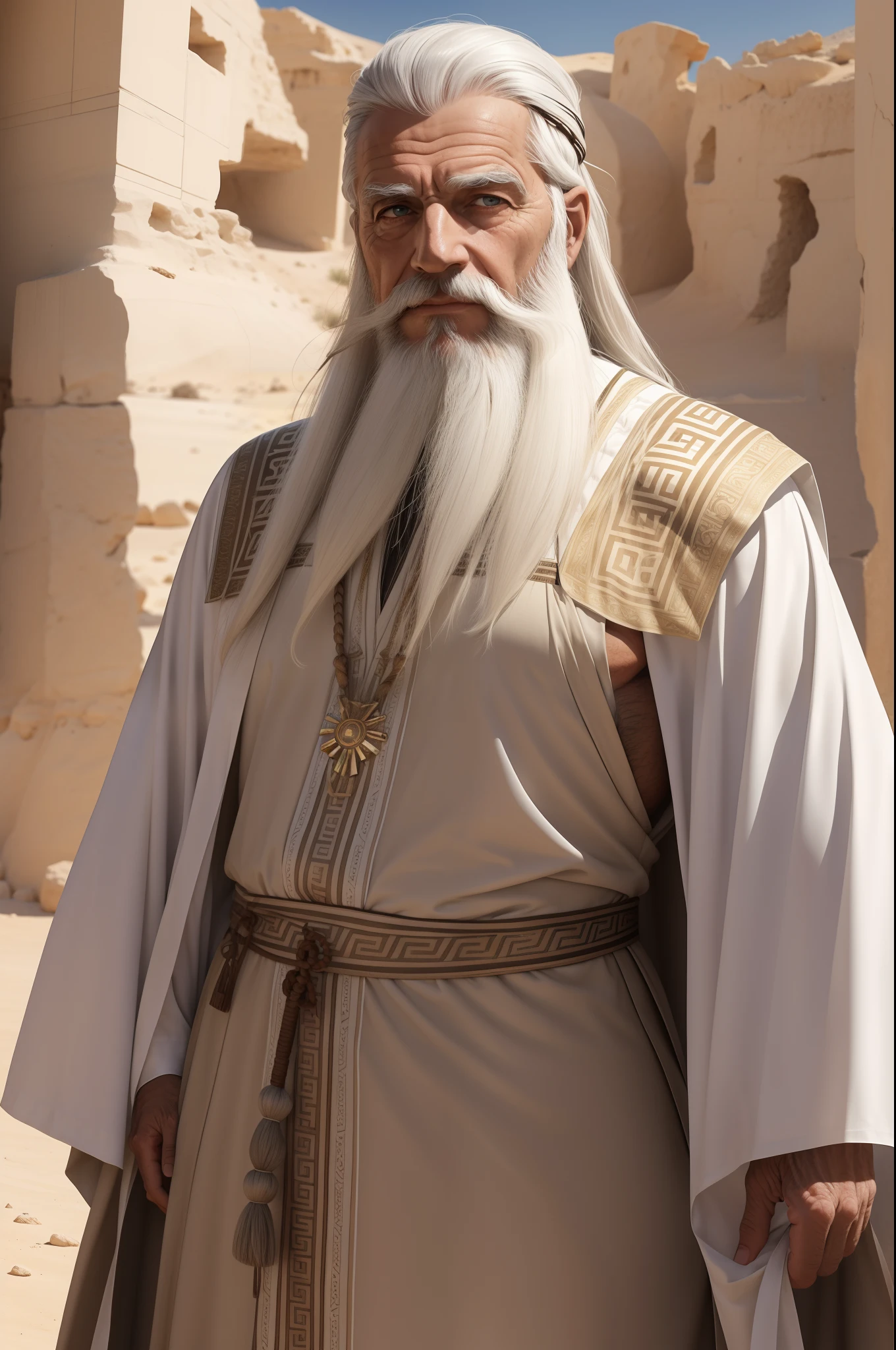 A realistic photo of an elderly Greek philosopher with beards and white hair, com rosto sereno, vestido com trajes arabes empoeirados do deserto