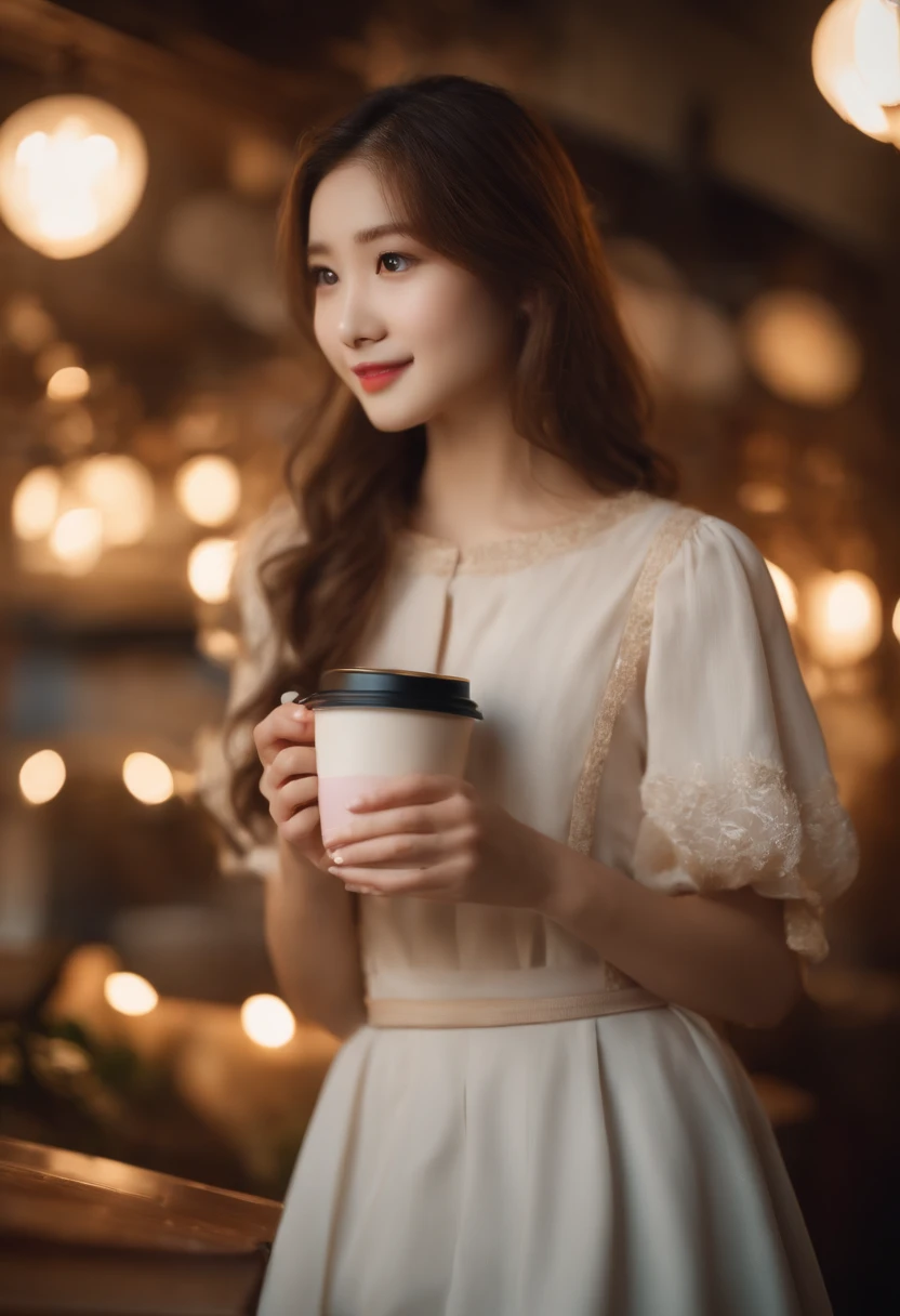 There is a young girl holding coffee in her hand, girl cute-fine-face, Cute natural face, cute - fine - face, sakimichan, chiho, 奈良美智, Young cute face, the face of a beautiful Japanese girl, brown hair and large eyes, cute kawaii girl, beautiful light big eyes、a picture、Highest Quality、