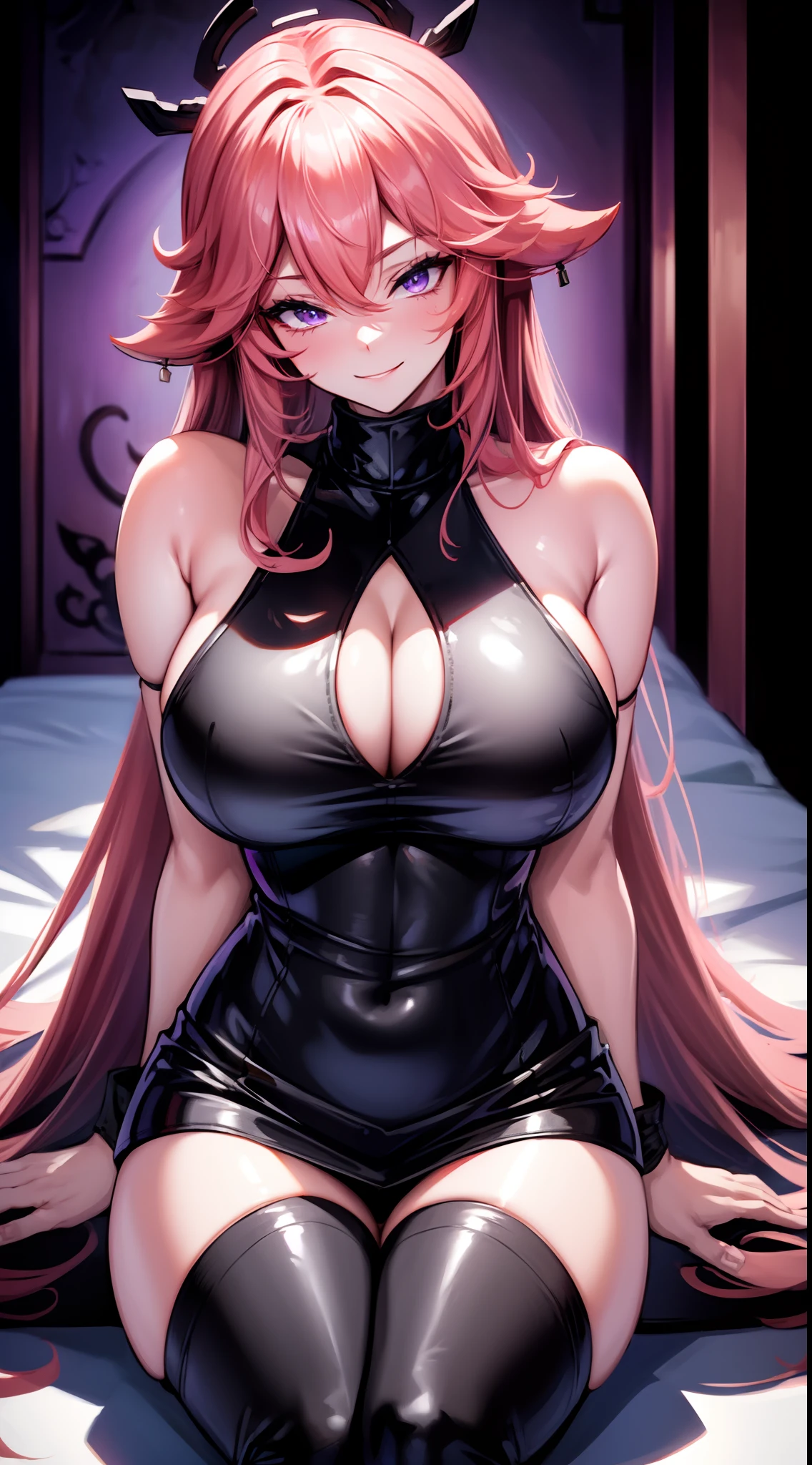 (Yaedef:1.4), 8k, highres, ultra detailed, (masterpiece:1.4), best quality, symmetrical body, (sexy tight black short leather dress with deep neckline:1.4), cute, solo, long hair, pink hair, purple eyes, glow effect, finely eye, wide smile, detailed face, looking at viewer, smilling at viewer, in the restaurant, angled view, huge breasts, sitting