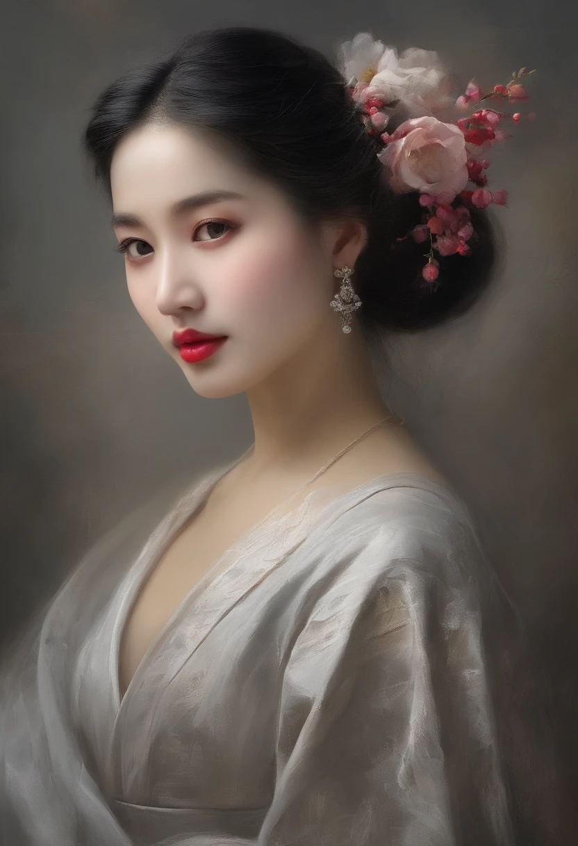(8K, RAW photo, Best quality, Masterpiece:1.2), (Realistic, photo-realistic:1.37),1girll, Night, Professional lighting, フォトンマッピング, ラジオシティ, korean-doll, Traditional long dress, greybackground