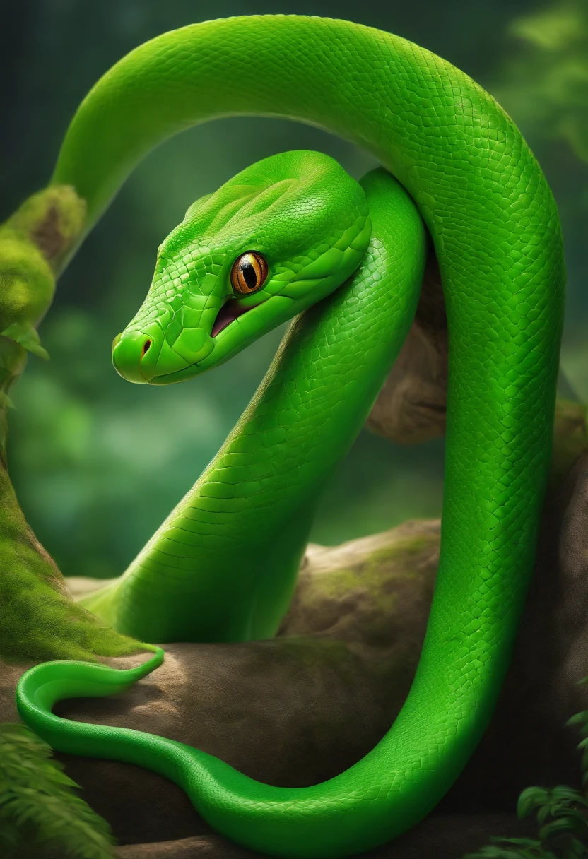 Snake，adolable，Bright green，Cartoony，anthropomorphic character。