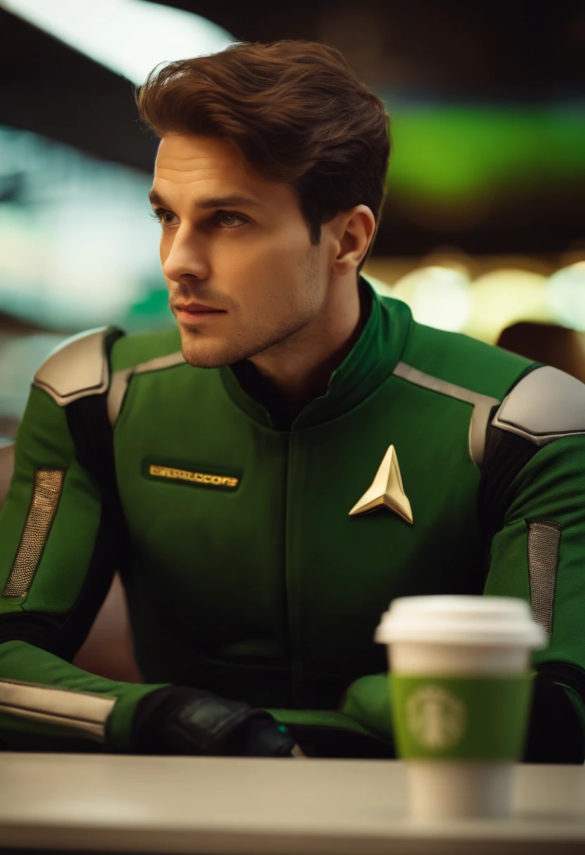 fking_scifi, award-winning photo of a man hiperrealistic, stylish neck tattoo, red flight suit with yellow accents, brown hair, (green eyes: 1.35), square chin, asymmetrical face, seat on starbucks coffe, detailed background, 80mm, bokeh , mass effect , close-up, fking_cinema_v2