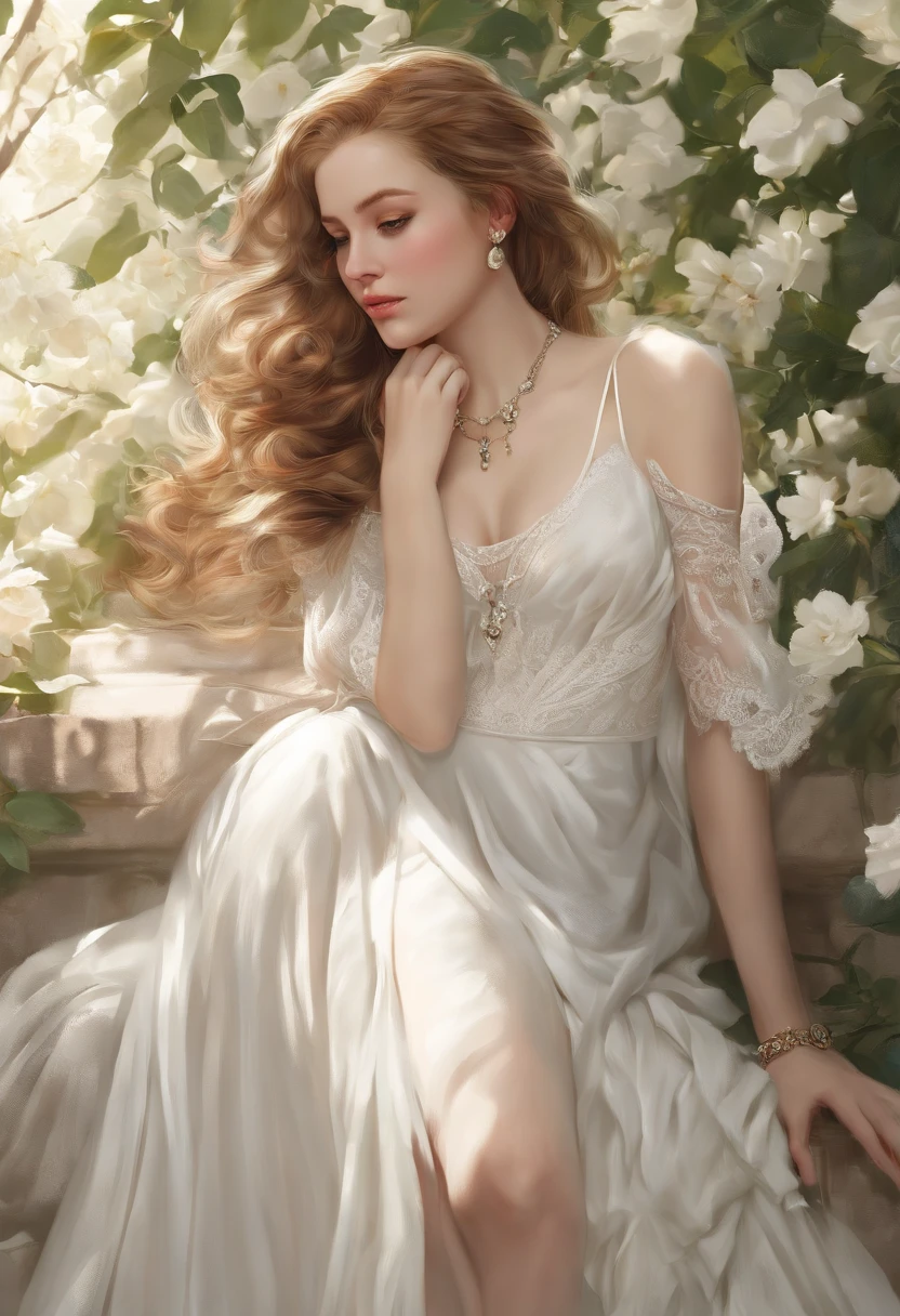 tendances sur ArtStation, tendances sur CGSociety, complexe, High detail, mise au point nette, dramatique, Realistic Art of Drawing by Midjourney and Greg Rutkowski, dessin, Masterpiece, Best quality, Very detailed, 1fille, half, Meticulous beautiful eyes, Cute anime face, buste, Beautiful, meticulous face, cheveux blancs, (Illustration botanique: 1.5), Robe blanche