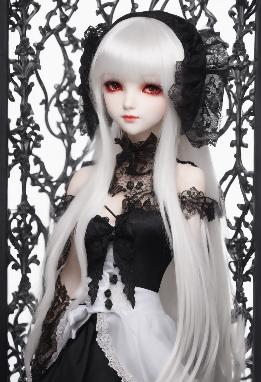 red color eyes,Long white hair that hangs down to the heels,Facial paralysis little loli,Black Goth Loli,Wearing black lace stockings,high qulity,filigree,the detail,small loli,adolable