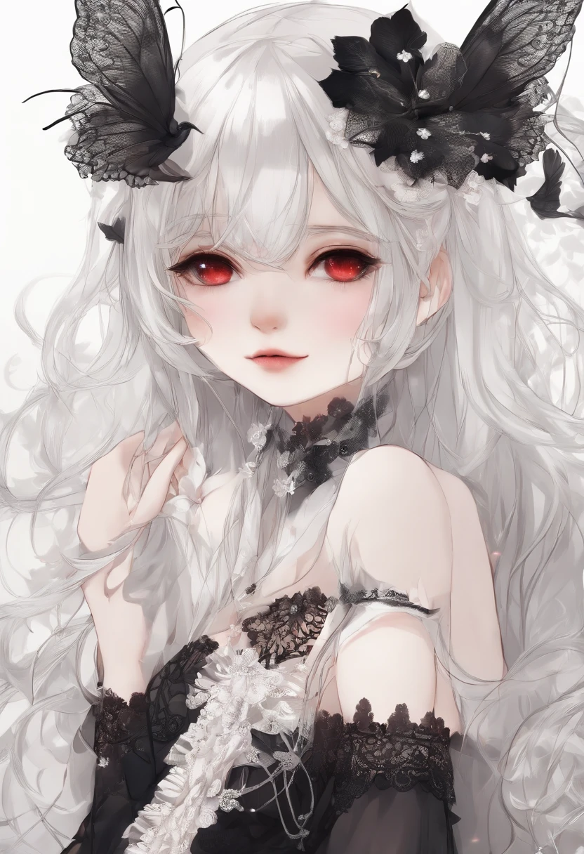 red color eyes，Long white hair that hangs down to the heels，Facial paralysis little loli，Black Goth Loli，Wearing black lace stockings，high qulity，filigree，the detail，small loli，adolable