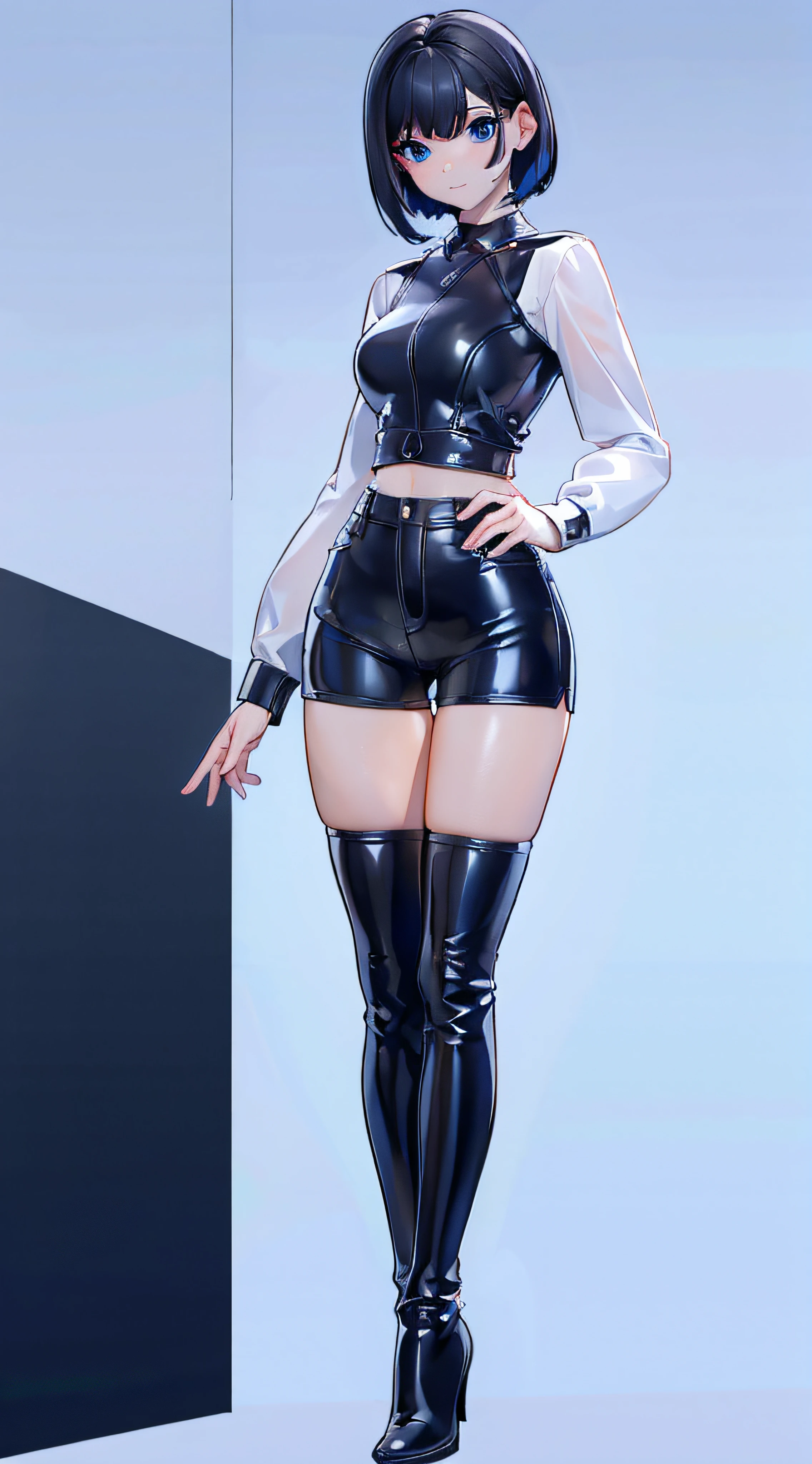 1girl, short black hair, blue eyes, wearing plain white shirt, latex short, thigh high latex boots, denim shorts, city, absurdres, high res, ultrasharp, 8K, masterpiece, looking at viewer