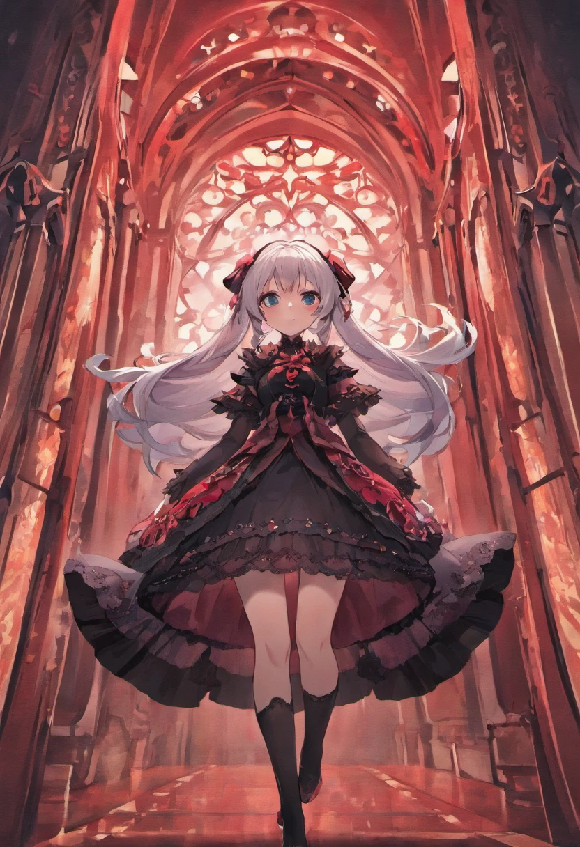red color eyes,Long white hair that hangs down to the heels,Facial paralysis little loli,Black Goth Loli,Wearing black lace stockings,high qulity,filigree,the detail,small loli,adolable
