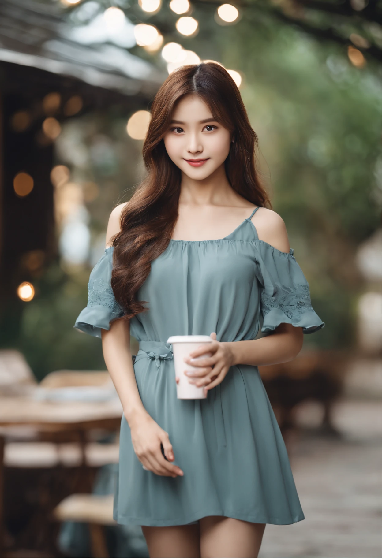 There is a young girl holding coffee in her hand, girl cute-fine-face, Cute natural face, cute - fine - face, sakimichan, chiho, 奈良美智, Young cute face, the face of a beautiful Japanese girl, brown hair and large eyes, cute kawaii girl, beautiful light big eyes、a picture、Highest Quality、