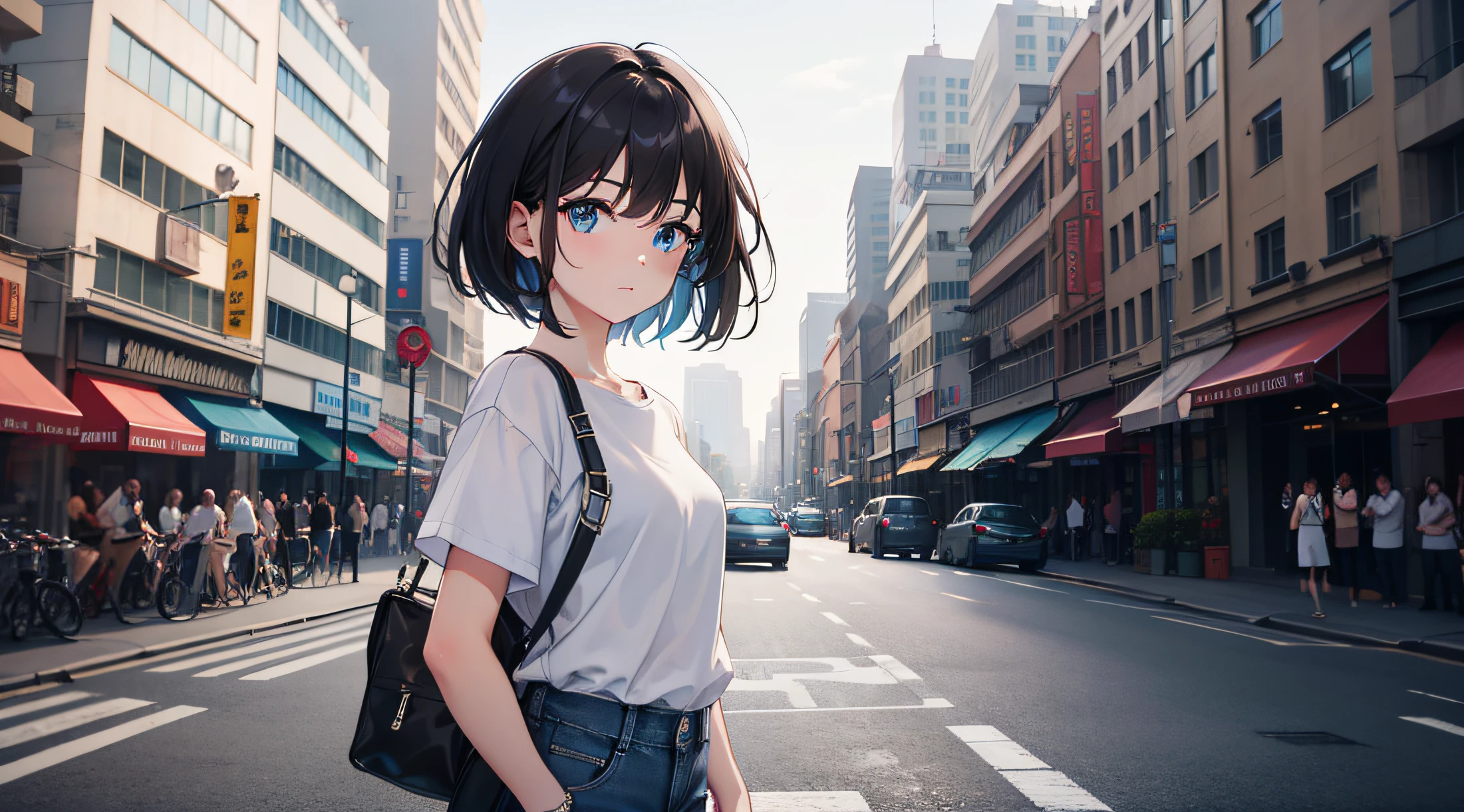 1girl, short black hair, blue eyes, wearing plain white shirt, denim shorts, city, absurdres, high res, ultrasharp, 8K, masterpiece, looking at viewer