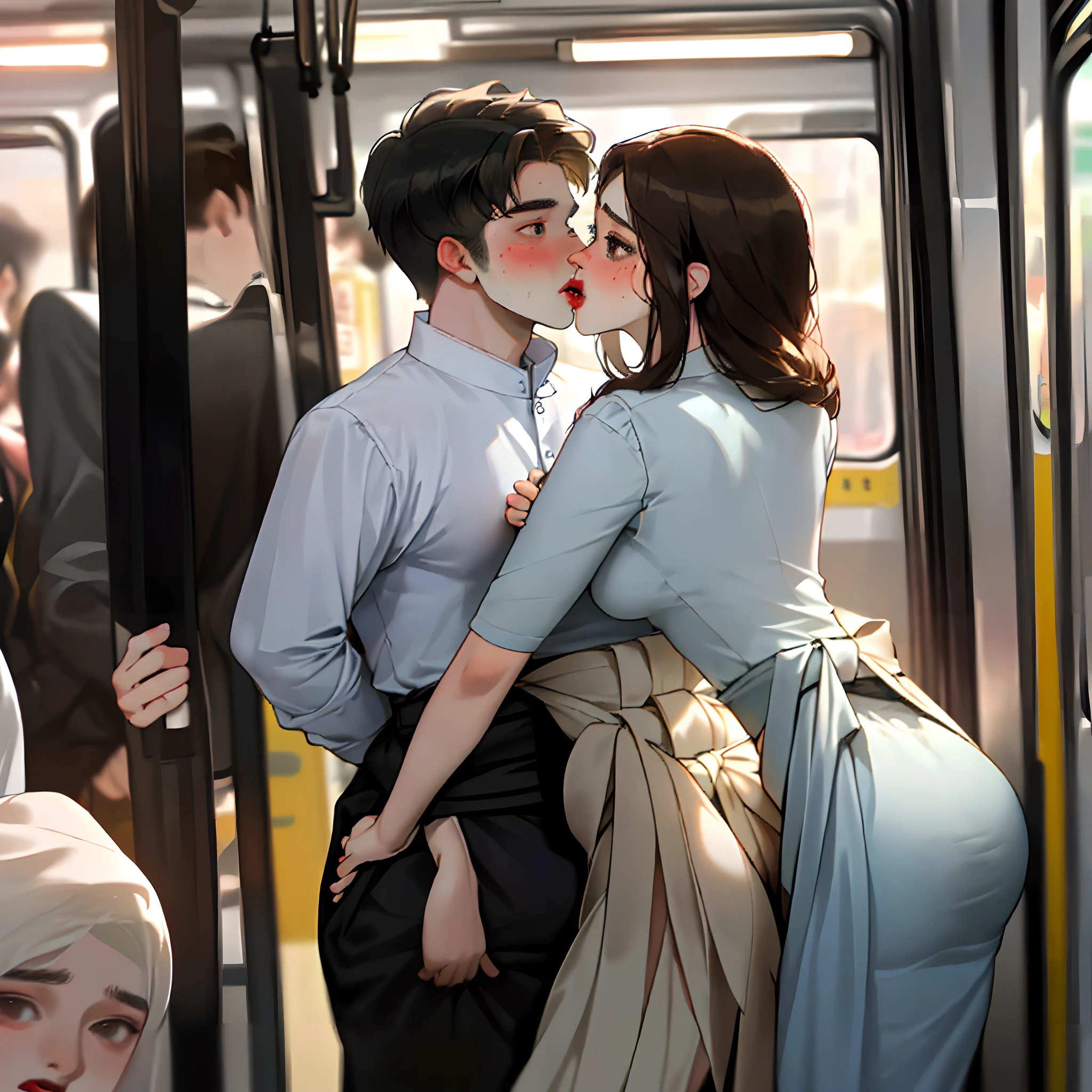 SFW, realistic, masterpiece, VERY crowded subway train interior detailed scenario, VERY crowded subway train interior detailed background, standing insanely hot (Indian woman 1) using ???? mini skirts, (big ???), (thick thigths), (fear expression), blhushed face, young man kissing ??? woman 1 ???????????,(((young man kissing ??? of woman 1 back))) and (((holding her waist behind her)))
