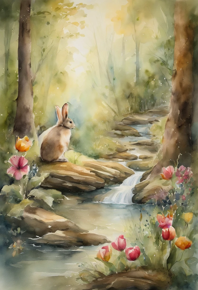 In a dense forest,florals,bunny,tea party,desserts,offcial dress,Fairytales,adolable,aquarelle