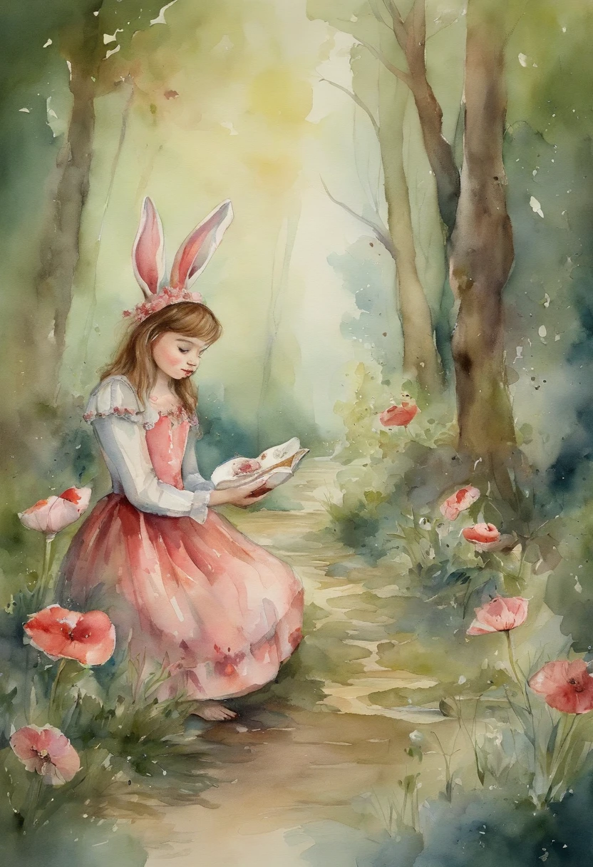 In a dense forest,florals,bunny,tea party,desserts,offcial dress,Fairytales,adolable,aquarelle