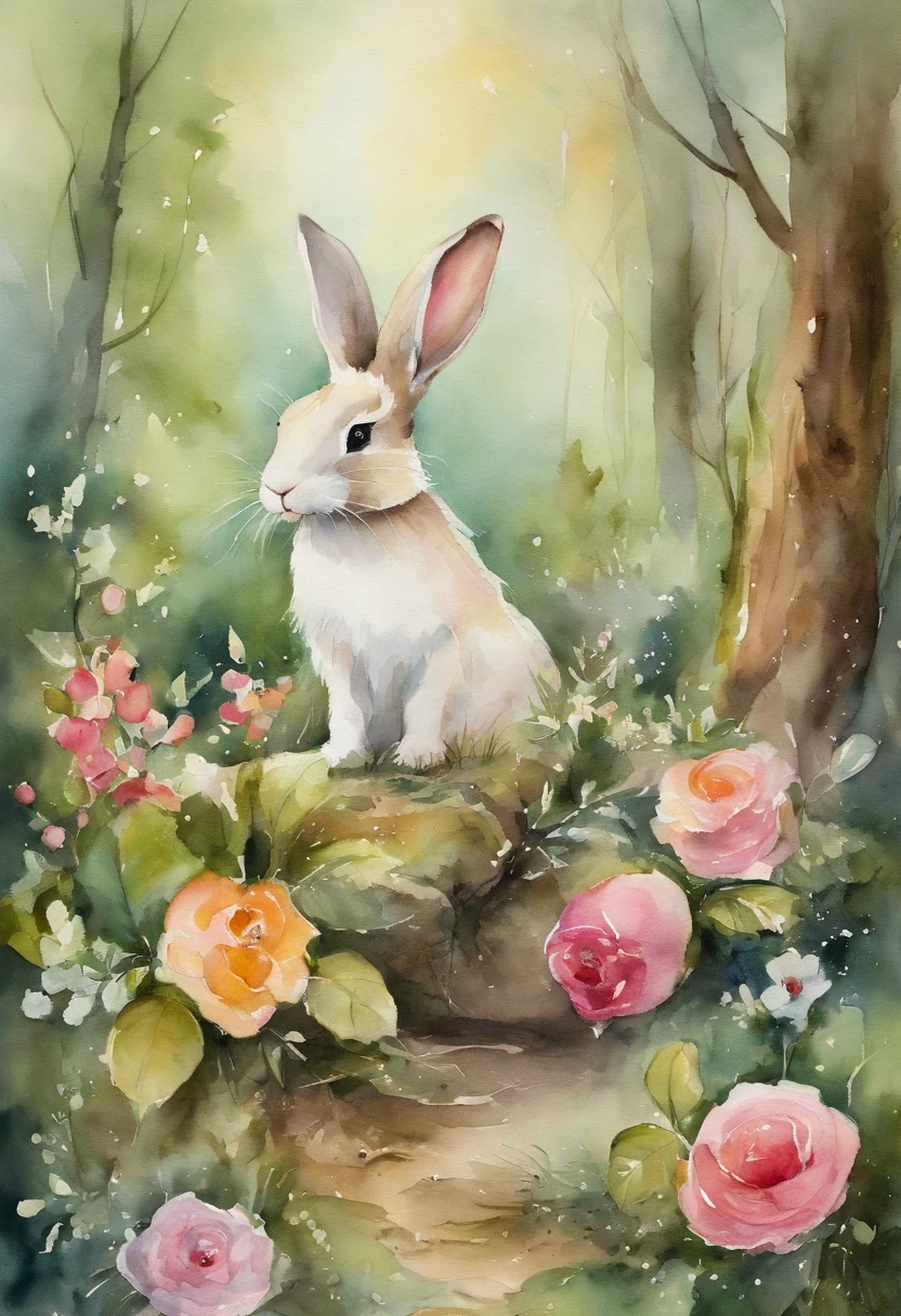 In a dense forest，florals，bunny，tea party，desserts，offcial dress，Fairytales，adolable，aquarelle
