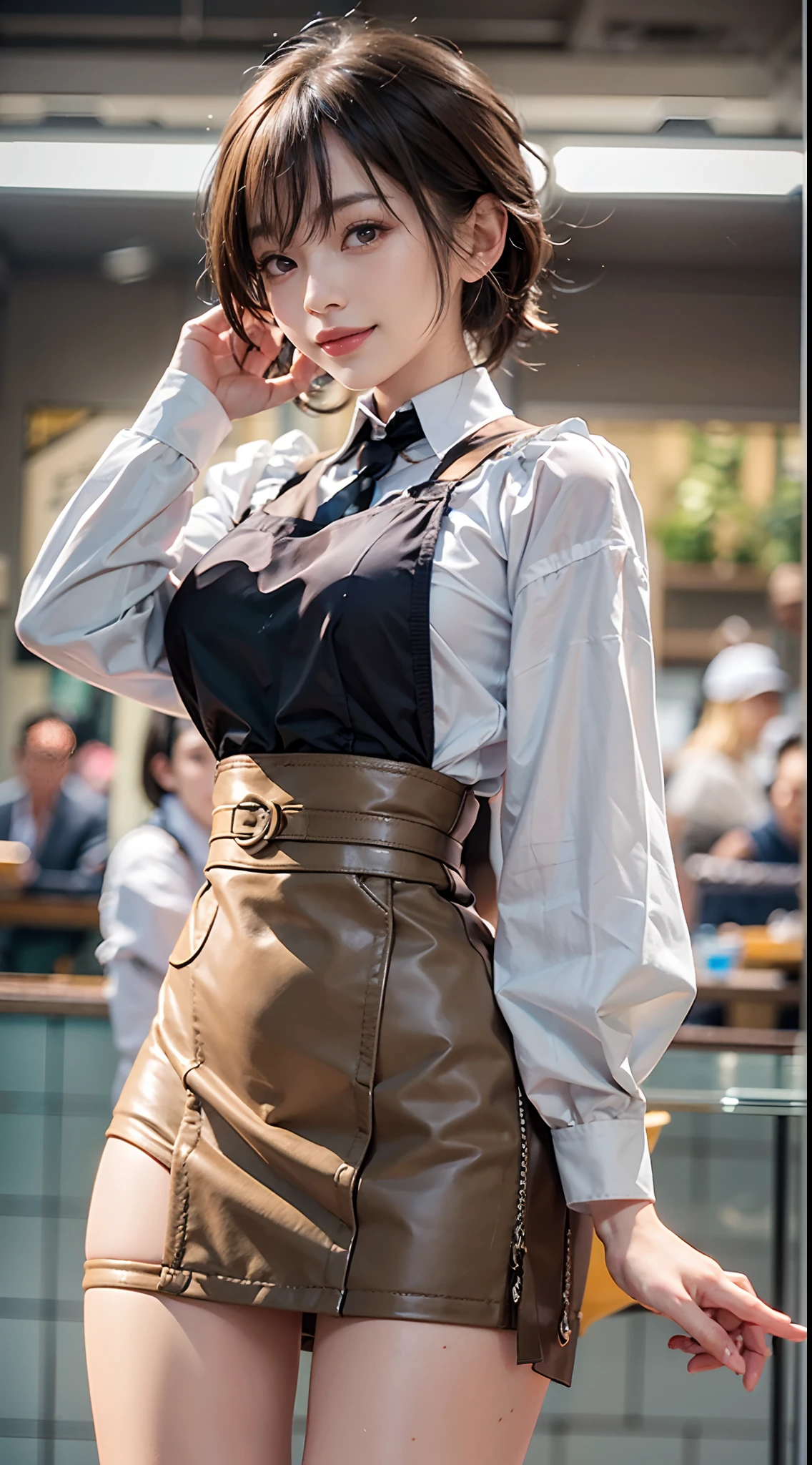 NSFW, 1womanl, 24 year old, (Well-formed face), (Ideal ratio body proportions), cafes, Black waist apron, Brown miniskirt, White blouses, long , Smiling smile, de pele branca, A slender, Dark hair, short-hair, Skinny Legs, beauty legs, Small buttocks, Skinny Legs, surrealism, Cinematic lighting, depth of fields, One-person viewpoint, F/1.8, 135 mm, canon, nffsw, masutepiece, ccurate, Anatomically correct, Textured skin, Super Detail, high details, High quality, awardwinning, Best Quality, hight resolution, 1080p, 4K, 8K