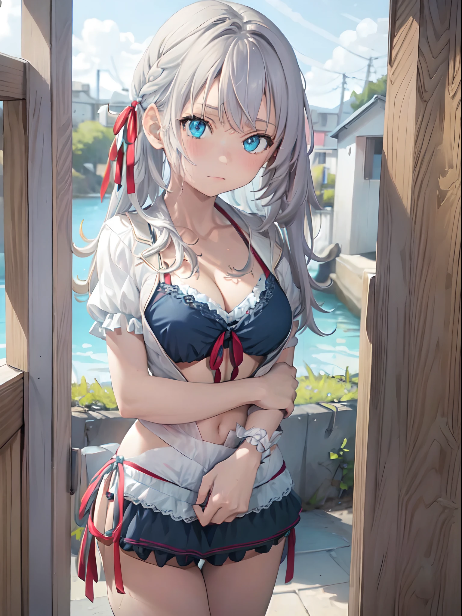 masterpiece, best quality, 1girl, looking at viewer, hair between eyes, aqua eyes, white hair, long hair, hair ribbon, (blue bikini, side-tie bikini bottom), cleavage, cowboy shot,