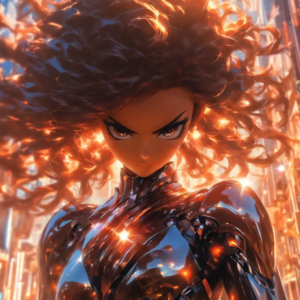 Realistic, depth of field, full body shot, beautiful woman with brunette hair wearing sunglasses and black reflective coating futuristic armor, daytime, anamorphic lens flare effect