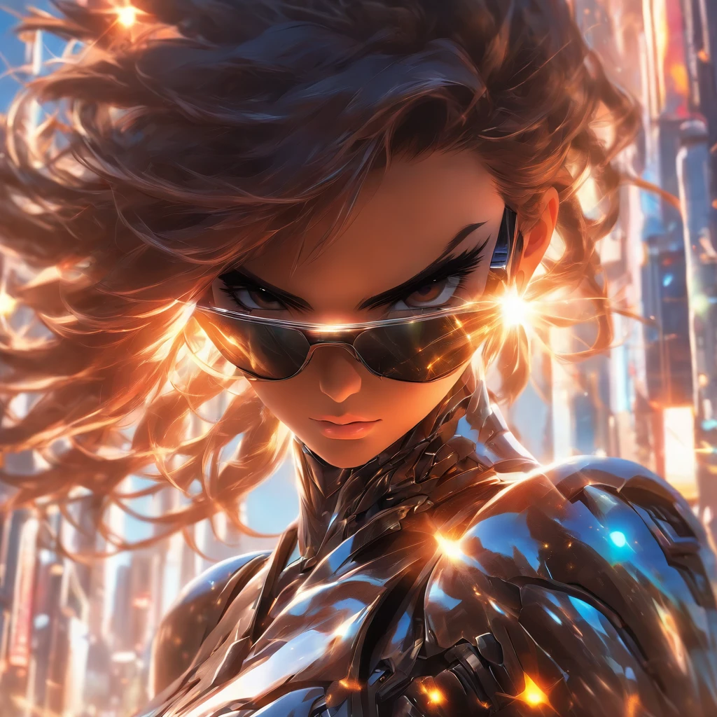 Realistic, depth of field, full body shot, beautiful woman with brunette hair wearing sunglasses and black reflective coating futuristic armor, daytime, anamorphic lens flare effect