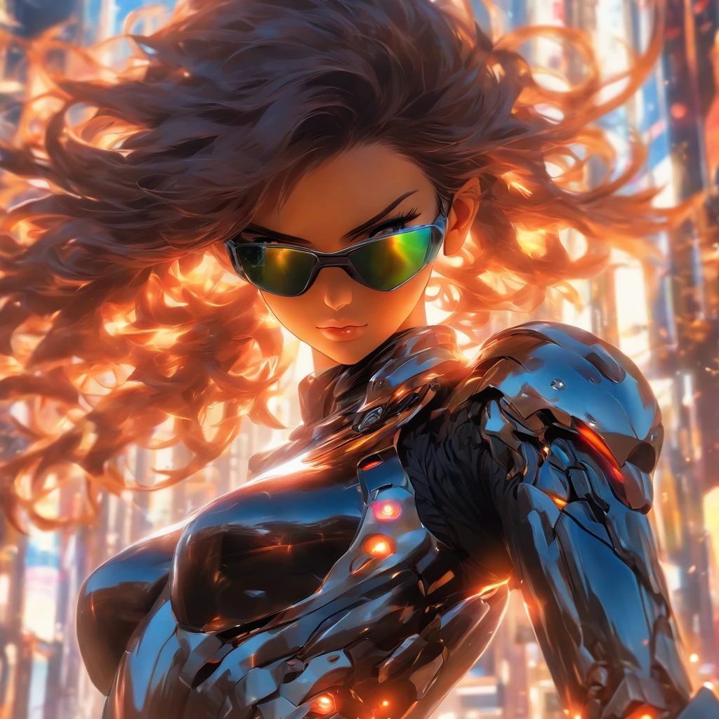 Realistic, depth of field, full body shot, beautiful woman with brunette hair wearing sunglasses and black reflective coating futuristic armor, daytime, anamorphic lens flare effect