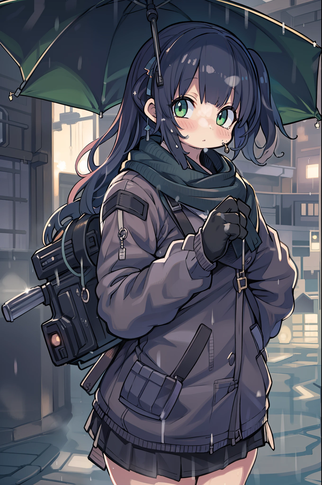 Handguns in both hands、Long sideburns、Anime-style girl with beautiful whole body, Little Girl,clean detailed faces, ciber,analogous colors, Glowing shadows, beautiful gradients, depth of fields, CLEAN IMAGE, High quality,Black Parker Closing、 high detailing, High Definition, blush, Fit, Heavenly Beauty, Very detailed, Soft lighting, Full body,Green&Black hair,Green eyes、Overhead view、look down from above、Running、In heavy rain、Wide Shot、very wide shot