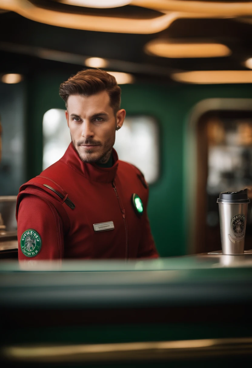 award-winning photo of a man, stylish neck tattoo, red flight suit with yellow accents, brown hair, (green eyes: 1.35), square chin, asymmetrical face, on starbucks coffee, detailed background, 80mm, bokeh, mass effect, close-up, fking_cinema_v2