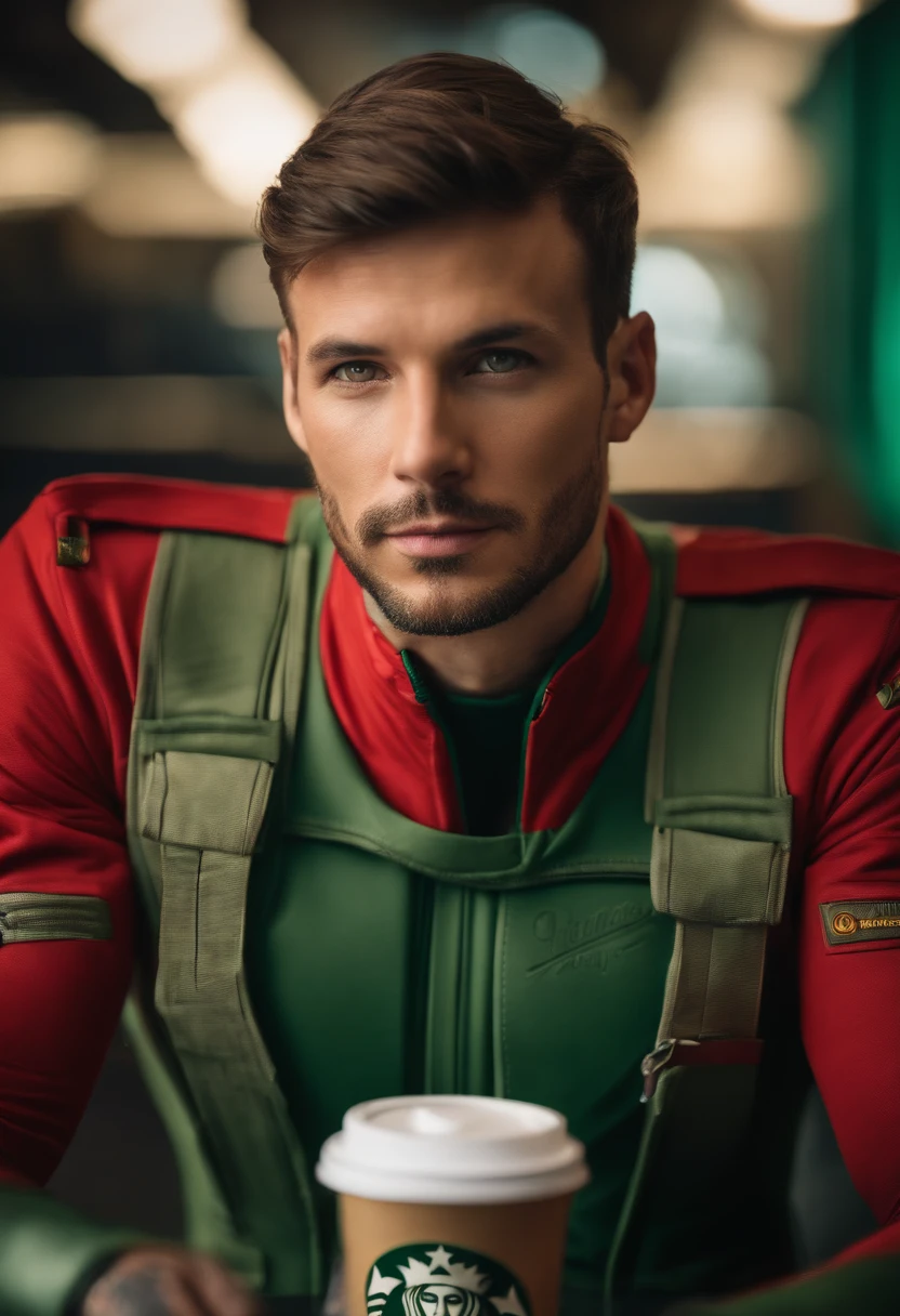 award-winning photo of a man, stylish neck tattoo, red flight suit with yellow accents, brown hair, (green eyes: 1.35), square chin, asymmetrical face, on starbucks coffee, detailed background, 80mm, bokeh, mass effect, close-up, fking_cinema_v2