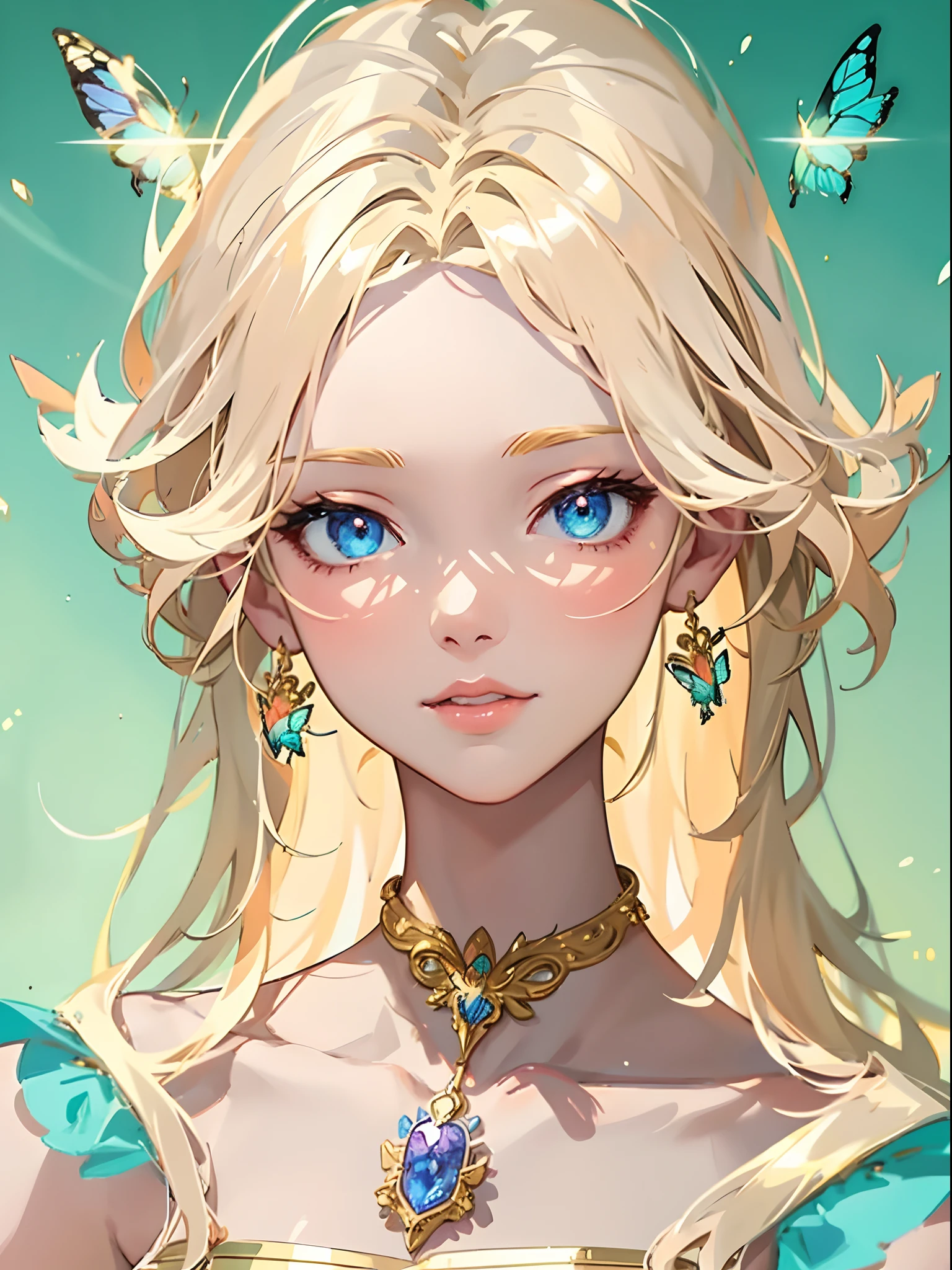 anime girl with blue eyes and gold dress with butterfly necklace, detailed digital anime art, stunning anime face portrait, fantasy art style, portrait knights of zodiac girl, digital anime illustration, cute detailed digital art, anime fantasy illustration, 8k high quality detailed art, detailed portrait of anime girl, beautiful anime portrait, digital art on pixiv, fanart best artstation