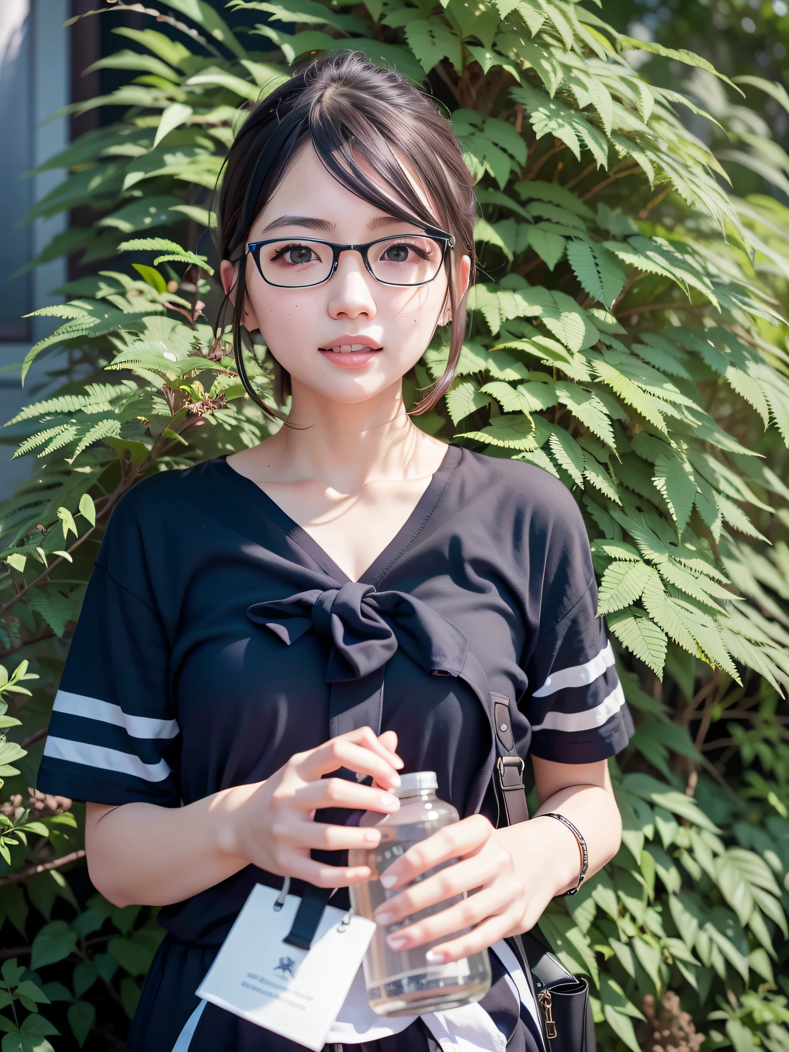 （White Skin Skin：1.5），（realisticlying：1.4），（（（best qualtiy，tmasterpiece,超A high resolution））），（1 Beautiful girl 18 years old：1.2），Detailed eyes，top Quority，超A high resolution，
a asian beauty，Black color hair，is very beautiful，wearing black rimmed glasses，Place the bag on your chest，Place your hands on the front of the bag，（Holding a transparent mineral water bottle：1.2），(A high resolution)，(8K),(The is very detailed)，(Most Best Illustration)，
Beautifully detailed eyes)，(ultra-detailliert)，详细的脸，looking at viewert，Staring straight ahead，