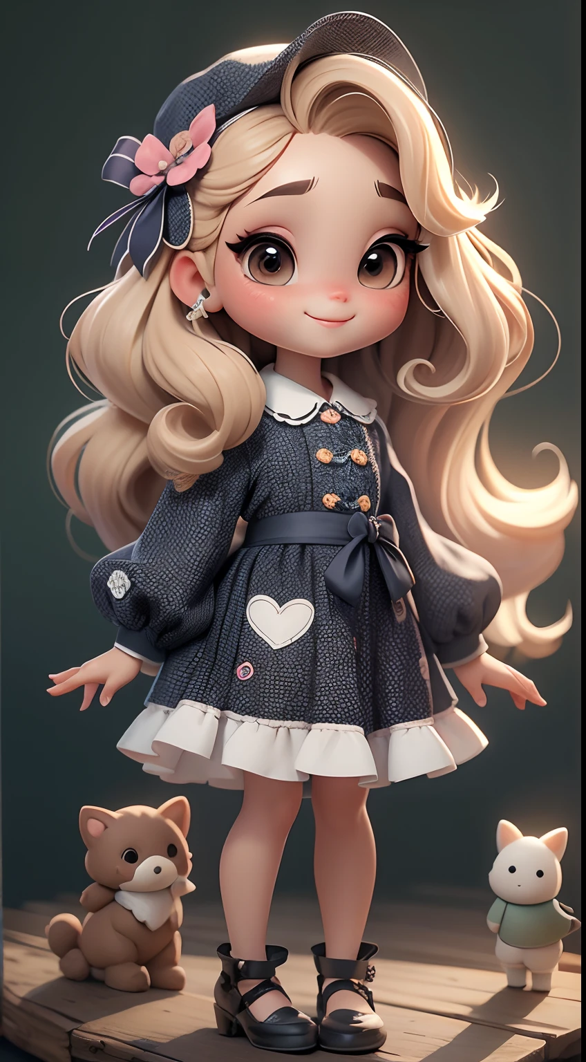 Create a series of cute baby chibi style loli dolls with a cute forest theme, sorridente e fofa, each with lots of detail and in an 8K resolution. All dolls should follow the same solid background pattern and be complete in the image, mostrando o (corpo inteiro, incluindo as pernas: 1.5)

Boneca fada: Chame-a de Bella. Ela deve ter cabelo longo e cacheado em tons castanho e preto. Seus olhos devem ser grandes e brilhantes, with long eyelashes and rosy cheeks. Bella should be dressed in a country-style jumpsuit, delicado, florido e detalhado. She should wear a hat and no accessories on her hands, deixando elas sem nada. Don't forget the details, com detalhes coloridos e enfeites encantadores, sapato bonito

Certifique-se de adicionar sombras, texturas e detalhes nos cabelos, roupas de cada boneca, to make them even more adorable and charming.