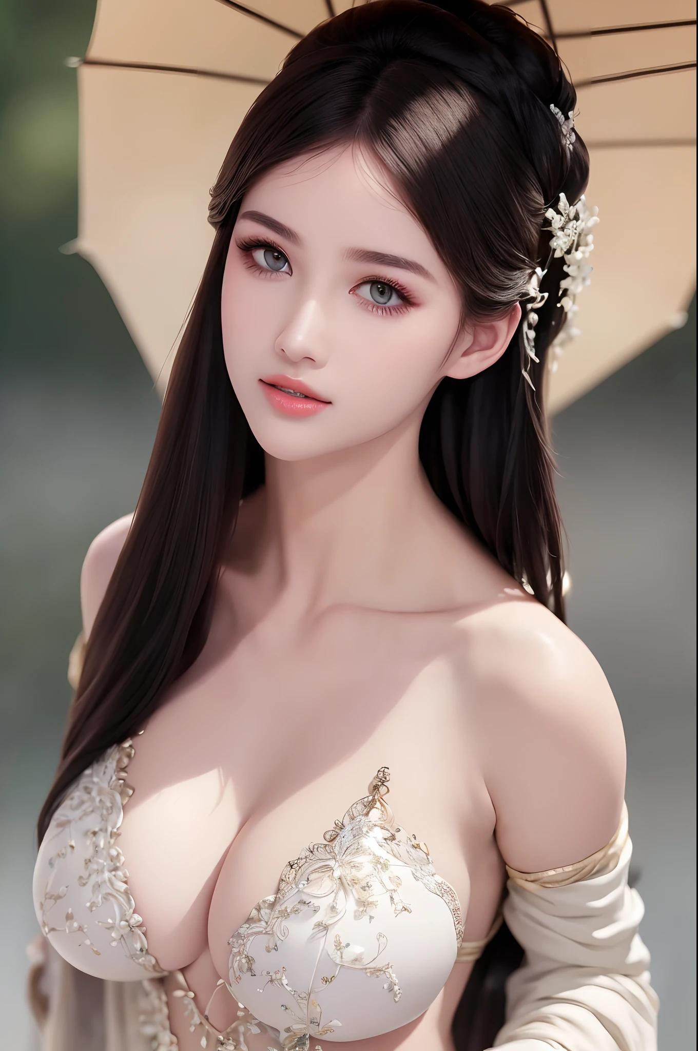 ((Best Quality, 8k, Masterpiece: 1.3)), Focus: 1.2, Perfect Body Beauty: 1.4, Buttocks: 1.2, ((Layered Haircut)), (Wet Clothes: 1.1), (Rain, Street:1.3), (Breasts: 1.2), (Hanfu: 1.2), Bare Shoulders, Bare Legs, Highly Detailed Face and Skin Texture, Fine Eyes, Double Eyelids, Whitened Skin, Long Hair, (Shut Up: 1.5), (Bokeh Background: 1.5), Big Breasts