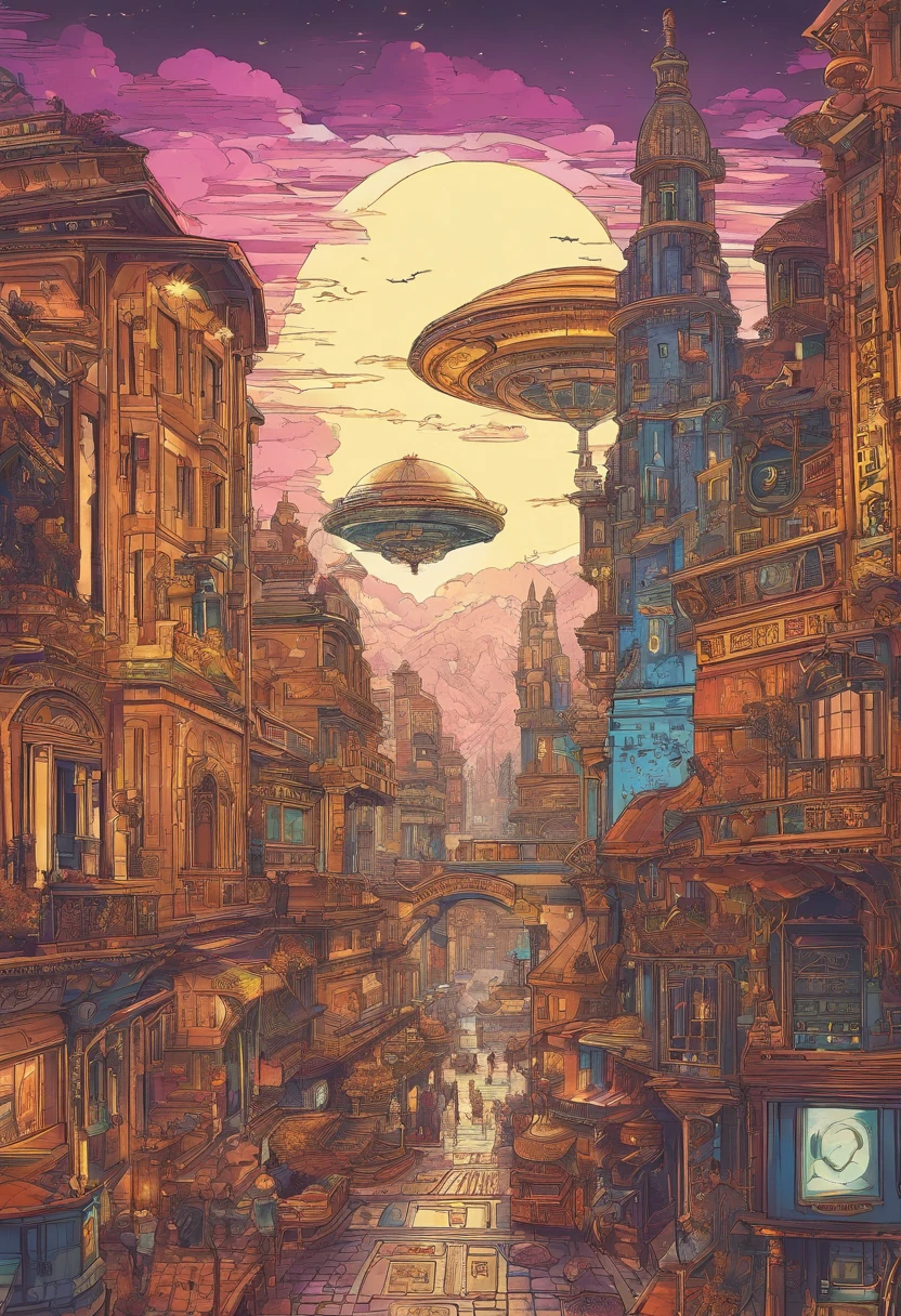 (masterpiece、4K、ultra-detailliert:1.2)、(animesque:1.2)、illustratio、(realisitic:1)、(Photorealsitic:1)、(Magnificent UFO in the sky:1.5)、、 the panorama、Perspective:1.4)、(fish-eye lens:1.2)、 (landscapes、outside of house、Cityscape、natta、mid night、On the rooftop、cyberpunked、asphalt、graffiti art、Reflectors、Shops、kiosk、Walkway、a street、police officers、taxis、Benches:1.2)、(Skyscraper、Foggy:1.4)、 (pedestrian、Large crowds、a person:1.3)、 (neon signs、Blue Neon、Pink neon、Yellow neon:1.4)、(super model:1.4)、(appearance々Hair color)、