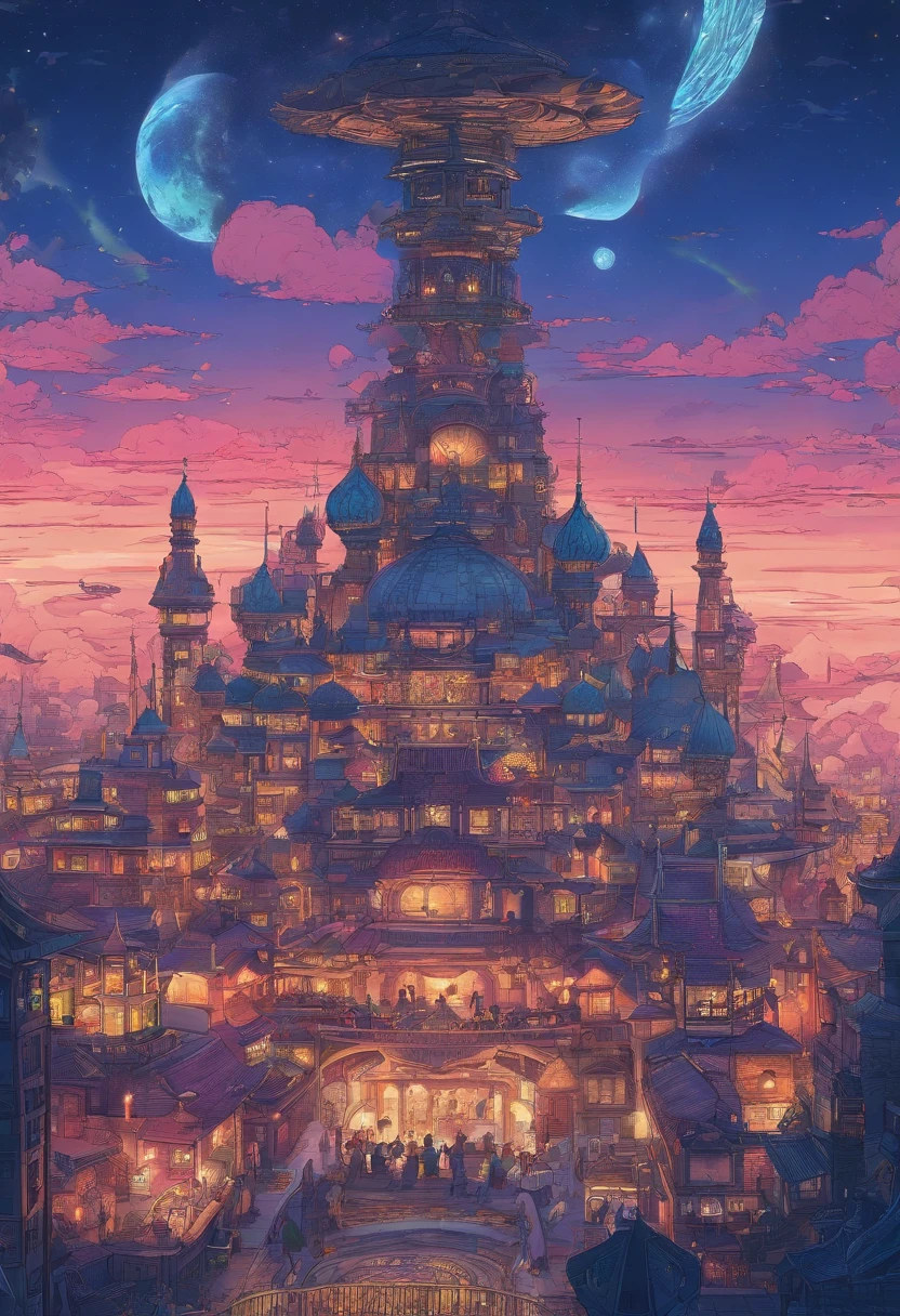 (​masterpiece、4K、ultra-detailliert:1.2)、(animesque:1.2)、illustratio、(realisitic:1)、(Photorealsitic:1)、（Magnificent UFO in the sky：1.5）、、 the panorama、Perspective:1.4)、(fish-eye lens:1.2)、 (landscapes、outside of house、Cityscape、natta、mid night、On the rooftop、cyberpunked、asphalt、graffiti art、Reflectors、Shops、kiosk、Walkway、a street、police officers、taxis、Benches:1.2)、(Skyscraper、Foggy:1.4)、 (pedestrian、Large crowds、a person:1.3)、 (neon signs、Blue Neon、Pink neon、Yellow neon:1.4)、(super model:1.4)、(appearance々Hair color)、