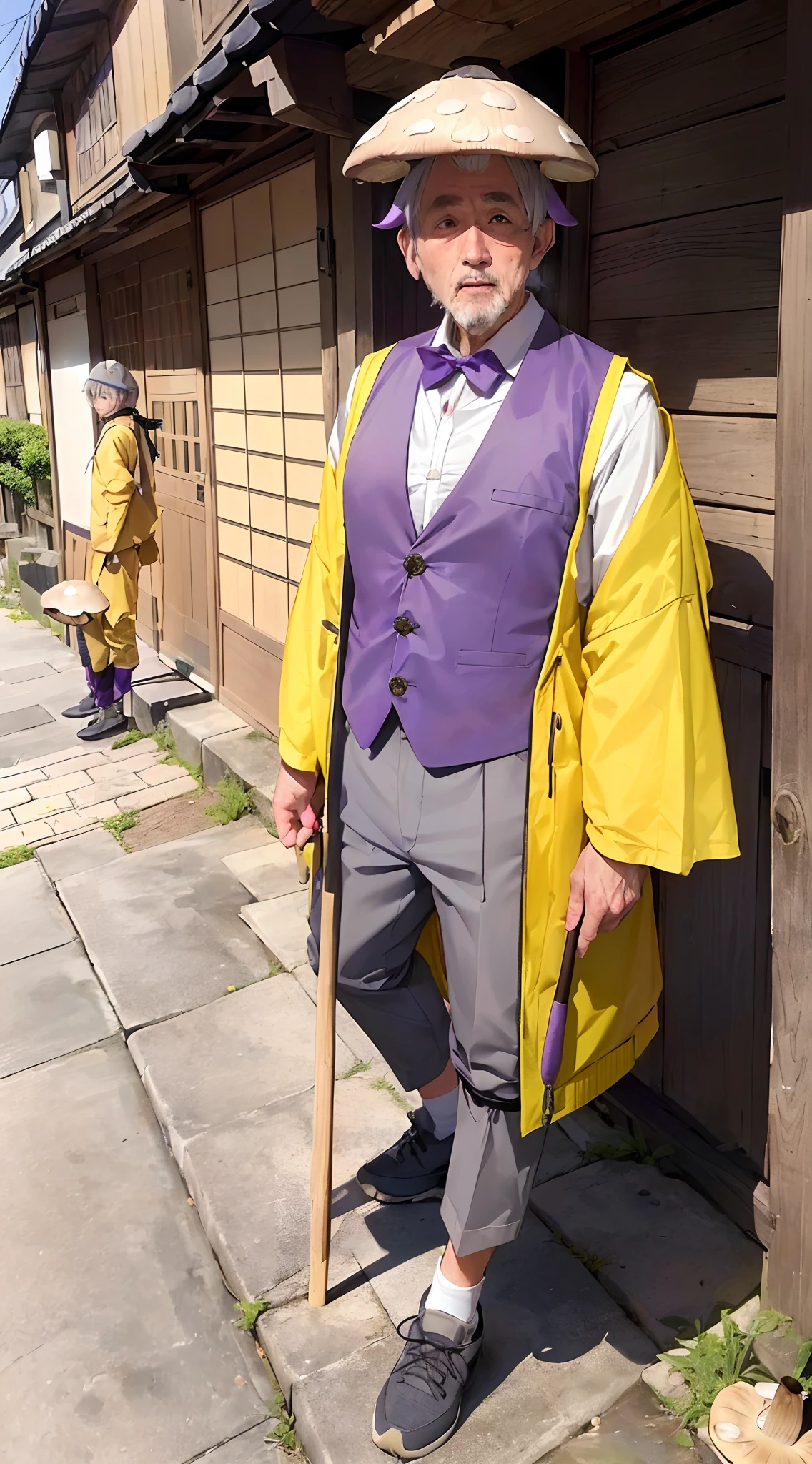 (mito-kohmon:1.3), (white hair), goinkyo, mito-mitsukuni, old guy, (wearing yellow vest and purple jacket:1.3), old Japan, edo-period, thin body, (gray short pants:1.3), (holding wooden stick), edo town, narrow street,(mushroom on head:1.3),