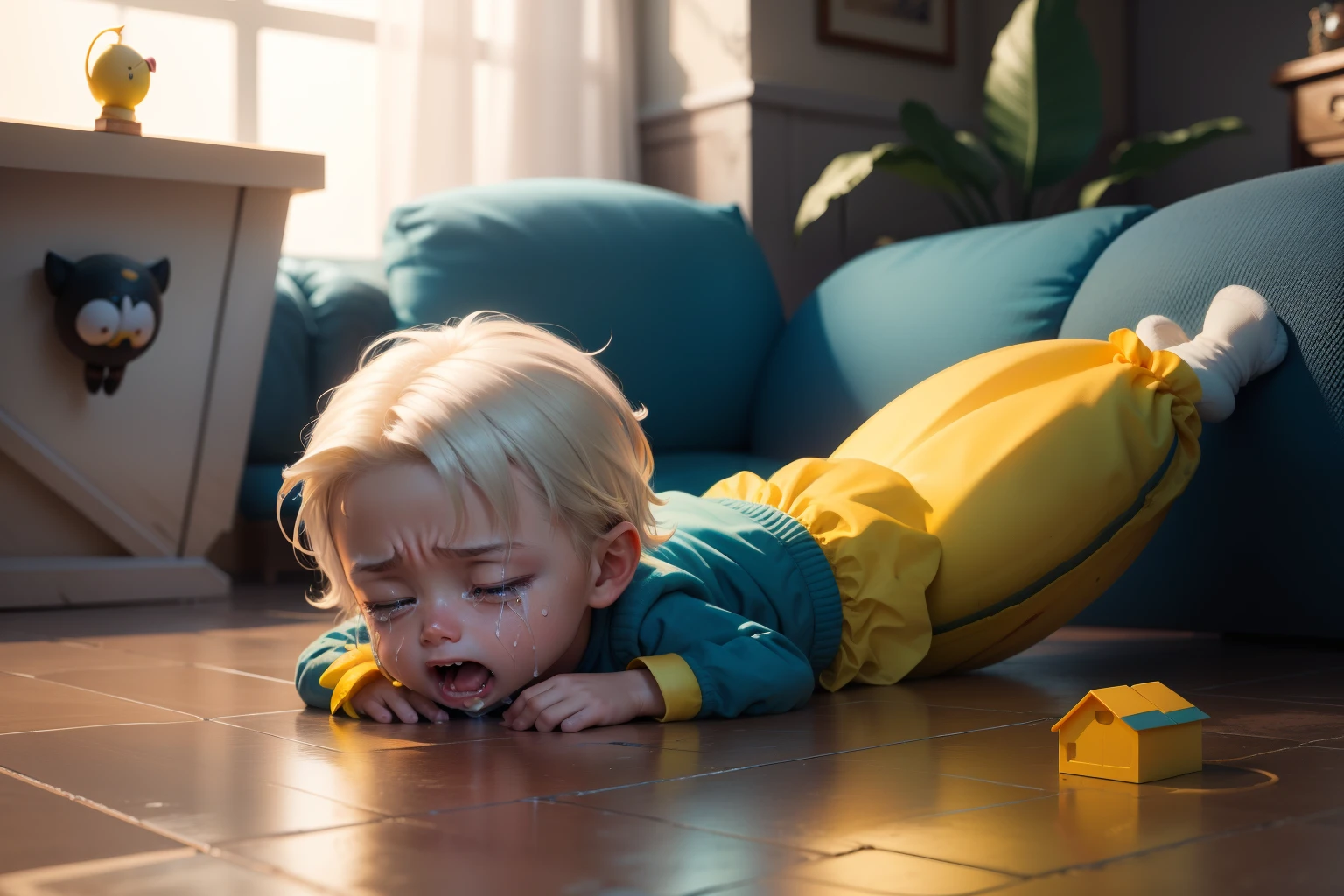 Front view,A crying cute is running ahead in a fairytale world and slips on a banana peel lying on the ground,caixa cega,IP por Popmart,Chimney Style,Estilo Pixar da Pixar,..3d,c4d,cor do doce,neon palette,Realistic,Plano de fundo claro,OC rendering,Foco suave,lighe suave,high saturation,8k,HDR,master part,super,--AR 16:9--s 300