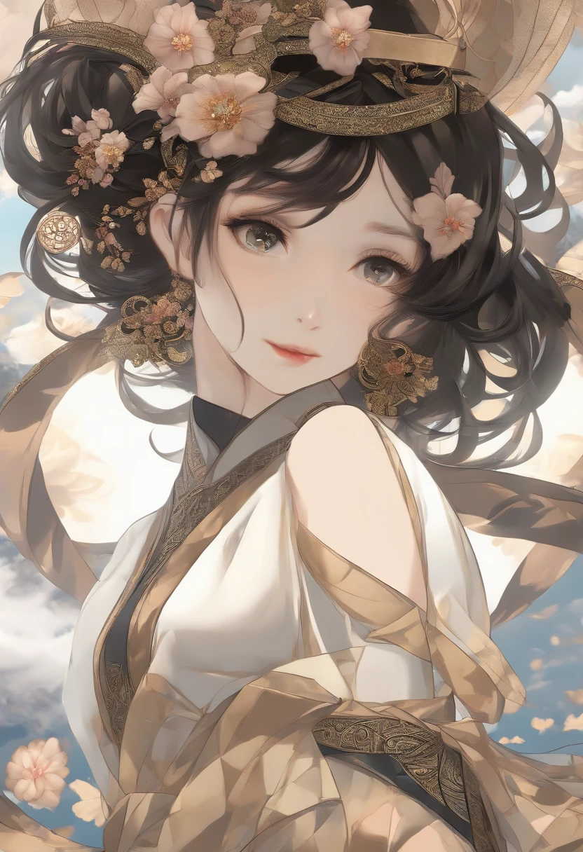 统一 8k 壁纸, ultra-detailliert, Beautifully Aesthetic, masterpiece, top-quality, (Zentangle, Tangles, Entanglement), (Fractal Art: 1.4), 1girl in, A dark-haired, japanse, bare shoulders, a short skirt, Calf, ighly detailed, dynamic ungle, cowboy shot, (The most beautiful forms of chaos), A flowing, (bright colour), nffsw, (half: 1.2), japanese-inspired, (Tanka Flying Sky: 1.5), (bow ribbon: 1.3), (Dreams: 1.5), (A Japanese style: 1.5), Japan Phoenix、(A smile:0.5)、(japanese god)、