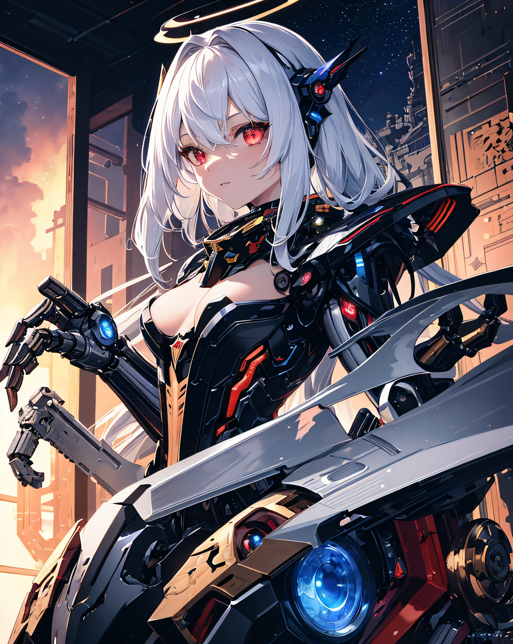 masterpiece,best quality,ultra-detailed,very detailed illustrations,extremely detailed,intricate details,highres,super complex details,extremely detailed 8k cg wallpaper,cowboy shot, caustics,reflection,ray tracing,demontheme,nebula,dark aura,cyber effect, (1girl:1.4),solo,alone,mecha musume,mechanical parts, robot joints,single mechanical arm, headgear, mechanical halo,star halo,intricate mechanical bodysuit, mecha corset, kimono, full armor, very long hair,white hair, hair between eyes, multicolored hair, colored inner hair, red eyes,glowing eye,eye trail, random expressions,random action, ancient japanese architecture,pond, starry sky,skyline,